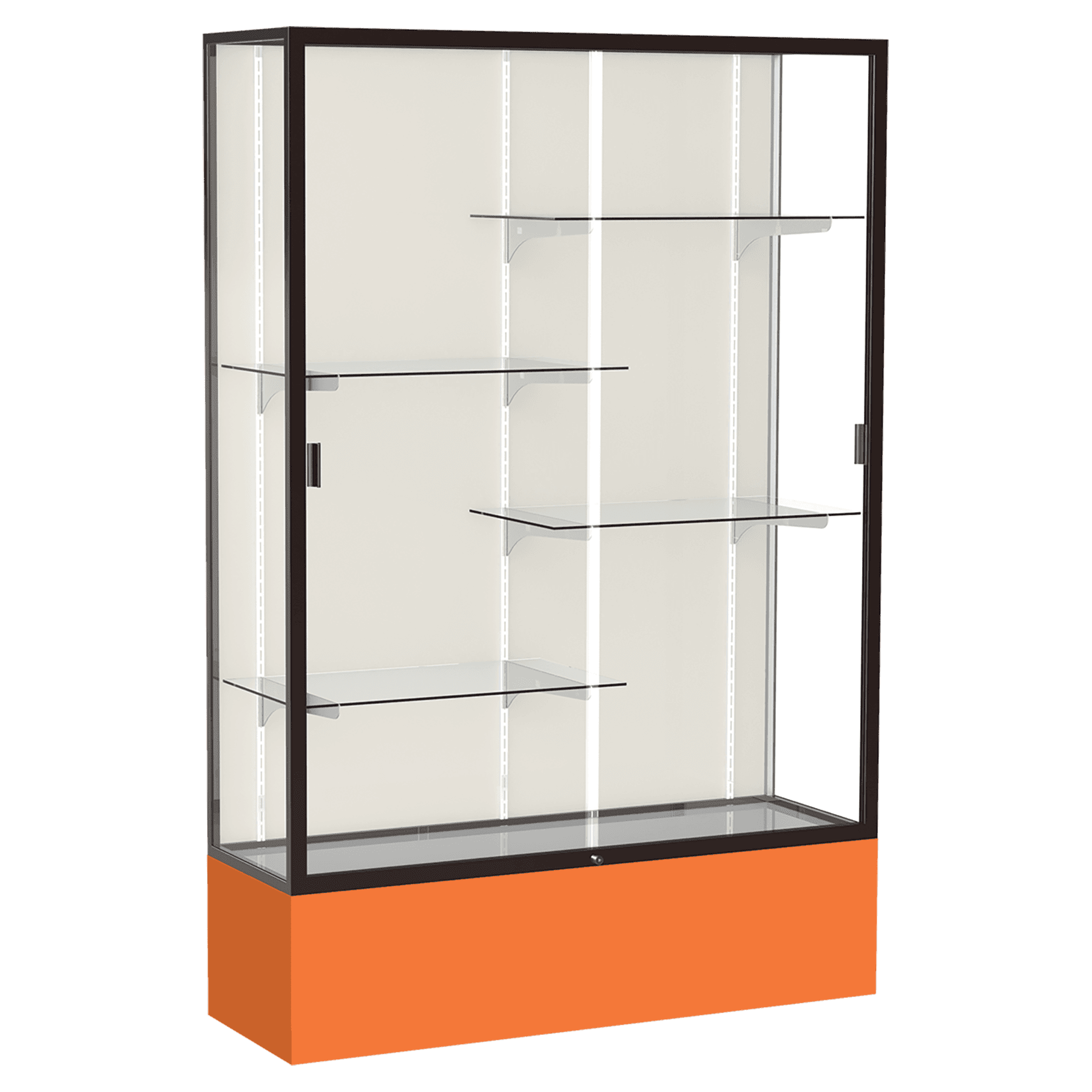 72"H x 48"W x 16"D Orange Laminate Finish, Plaque Fabric Back, Bronze Aluminum Frame, Spirit Display Case