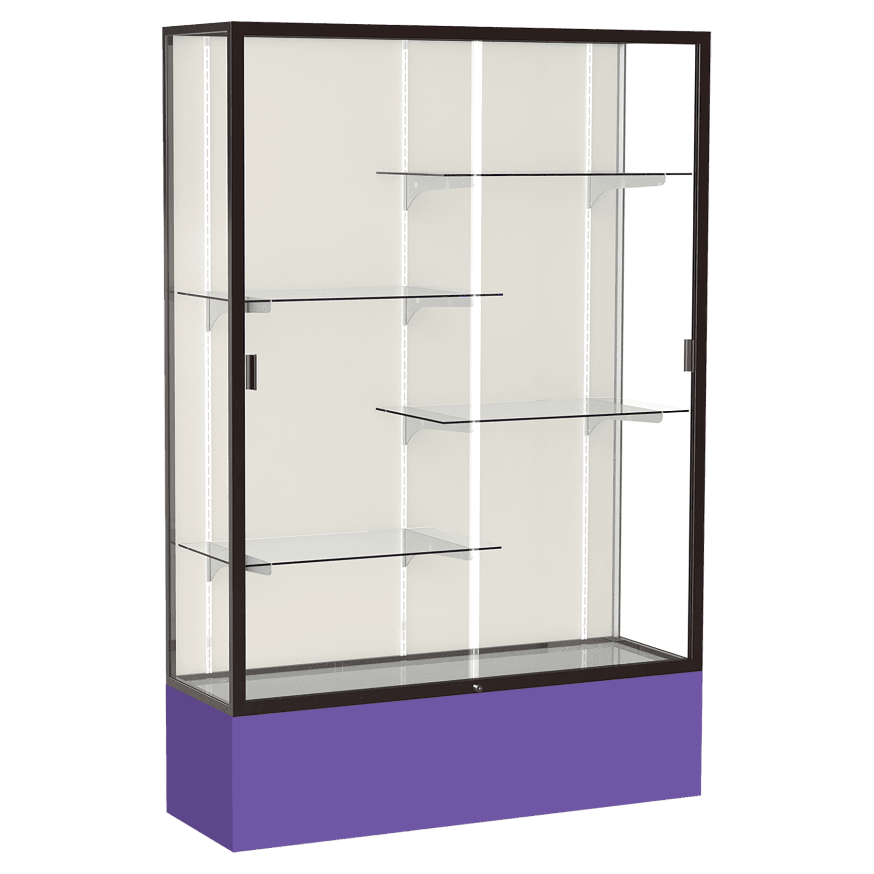 72"H x 48"W x 16"D Purple Laminate Finish, Plaque Fabric Back, Bronze Aluminum Frame, Spirit Display Case