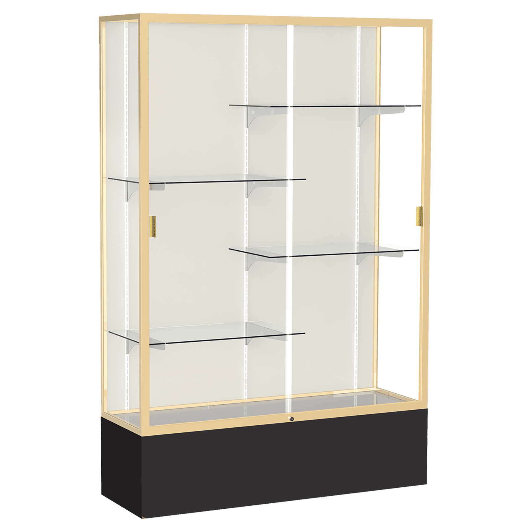 72"H x 48"W x 16"D Black Laminate Finish, Plaque Fabric Back, Champagne Aluminum Frame, Spirit Display Case