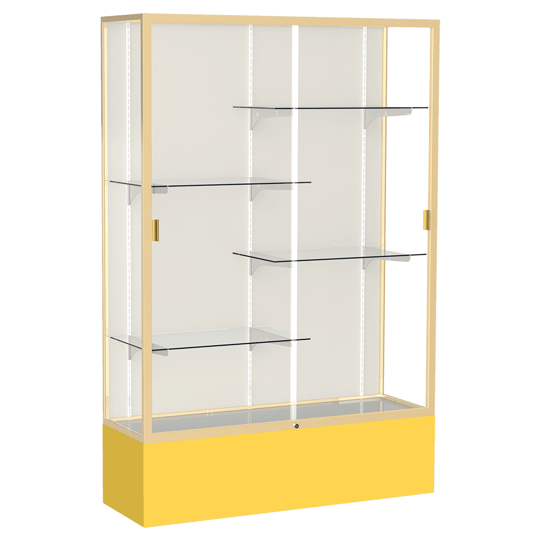 72"H x 48"W x 16"D Goldenrod Laminate Finish, Plaque Fabric Back, Champagne Aluminum Frame, Spirit Display Case