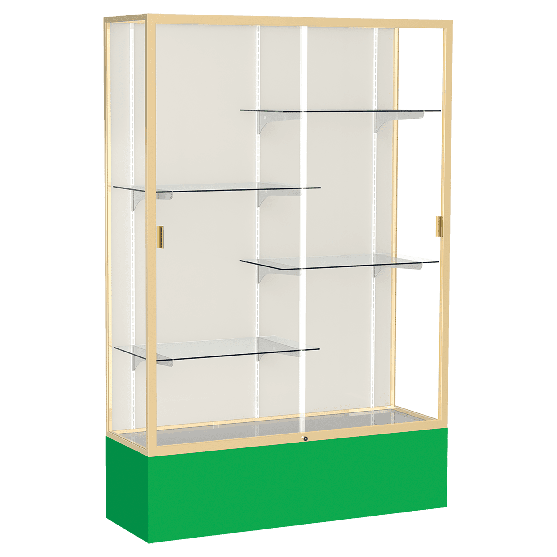 72"H x 48"W x 16"D Kelly Green Laminate Finish, Plaque Fabric Back, Champagne Aluminum Frame, Spirit Display Case