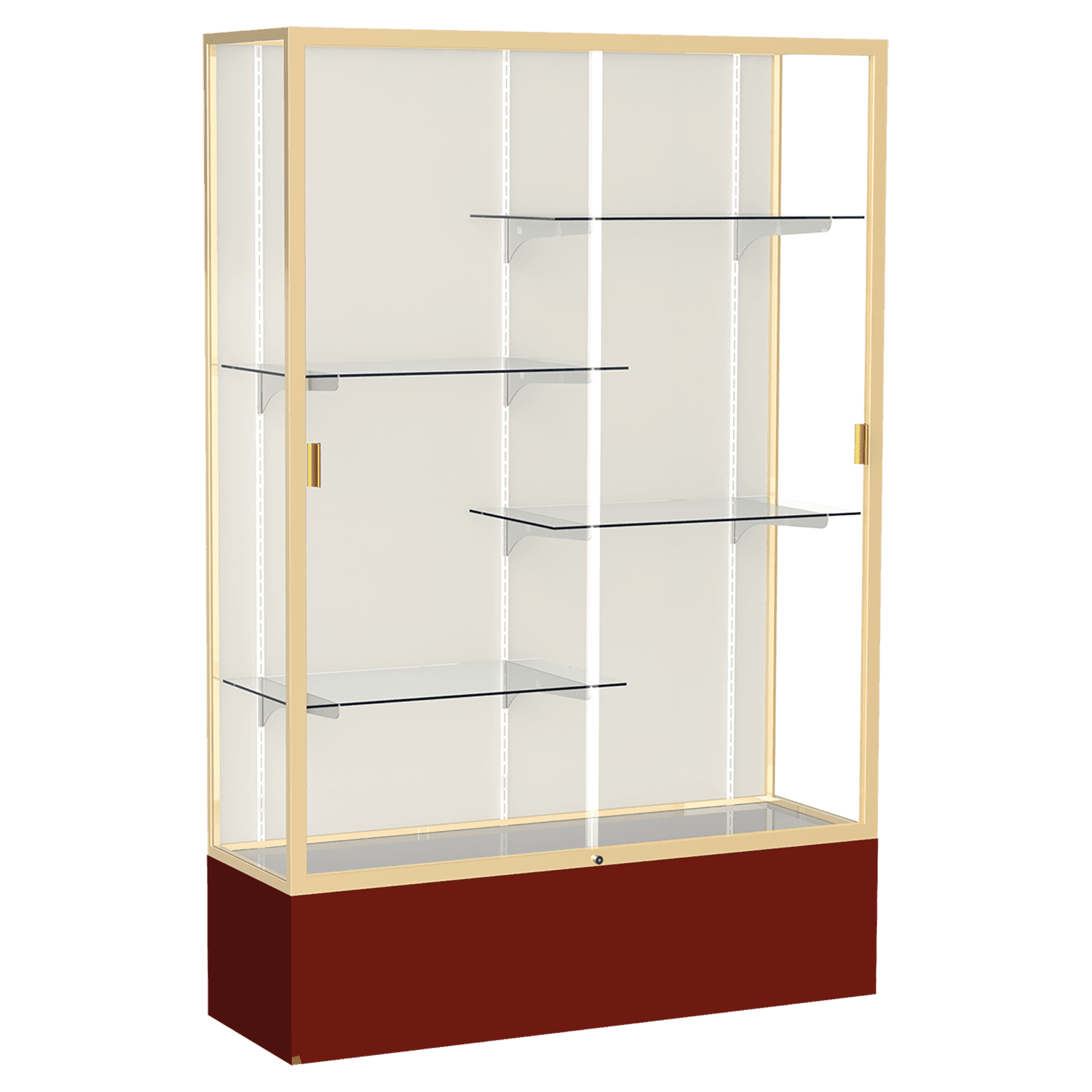 72"H x 48"W x 16"D Maroon Laminate Finish, Plaque Fabric Back, Champagne Aluminum Frame, Spirit Display Case