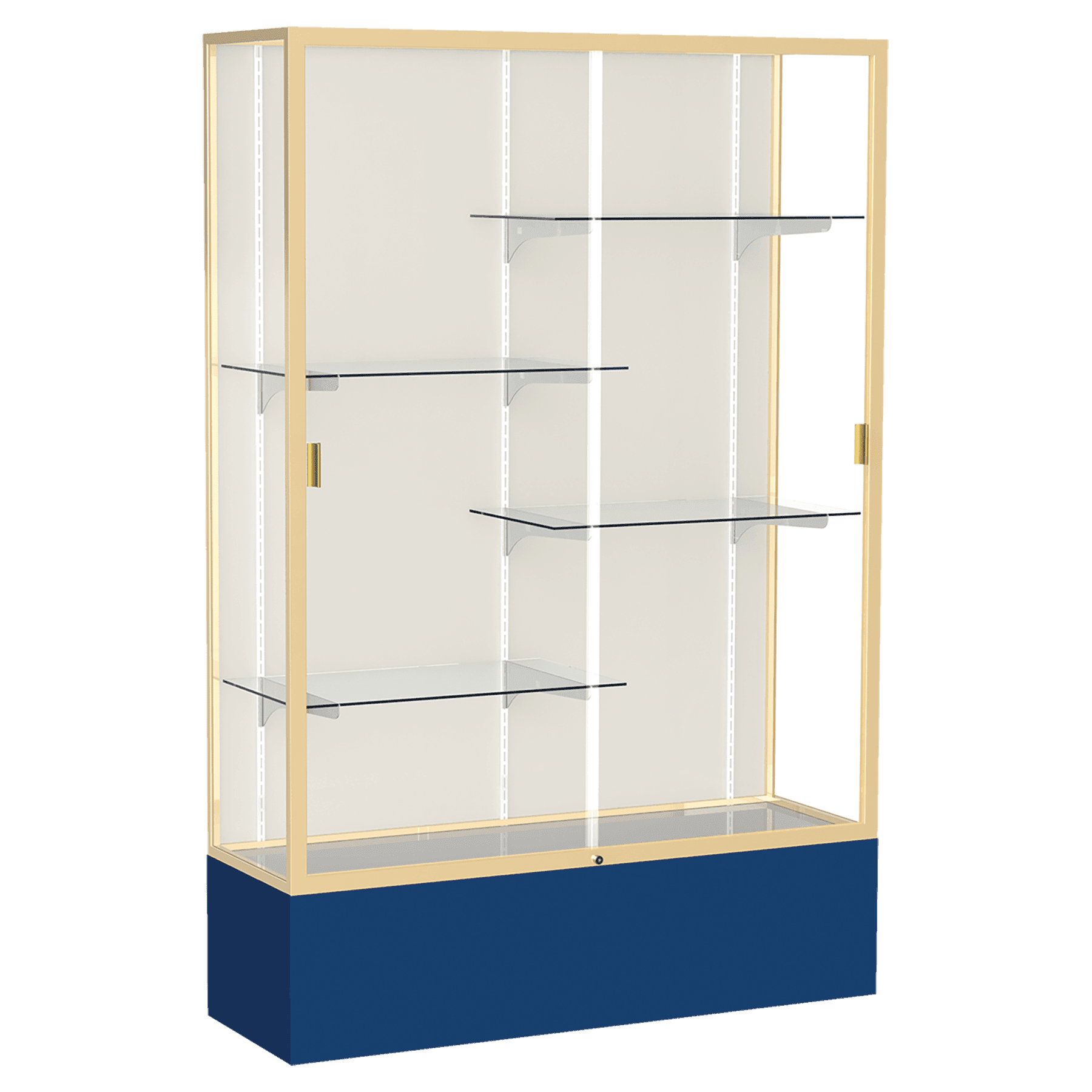 72"H x 48"W x 16"D Navy Laminate Finish, Plaque Fabric Back, Champagne Aluminum Frame, Spirit Display Case