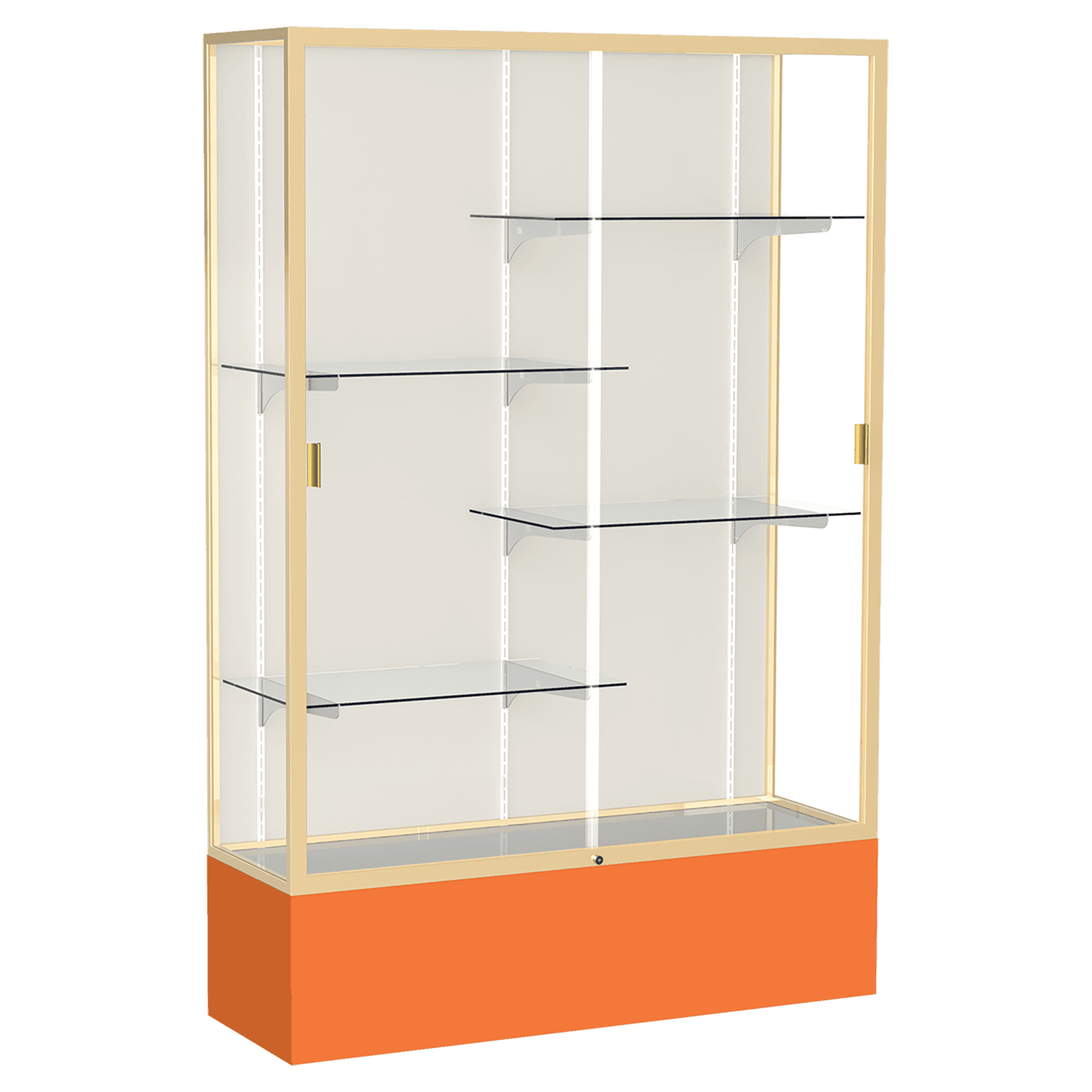 72"H x 48"W x 16"D Orange Laminate Finish, Plaque Fabric Back, Champagne Aluminum Frame, Spirit Display Case