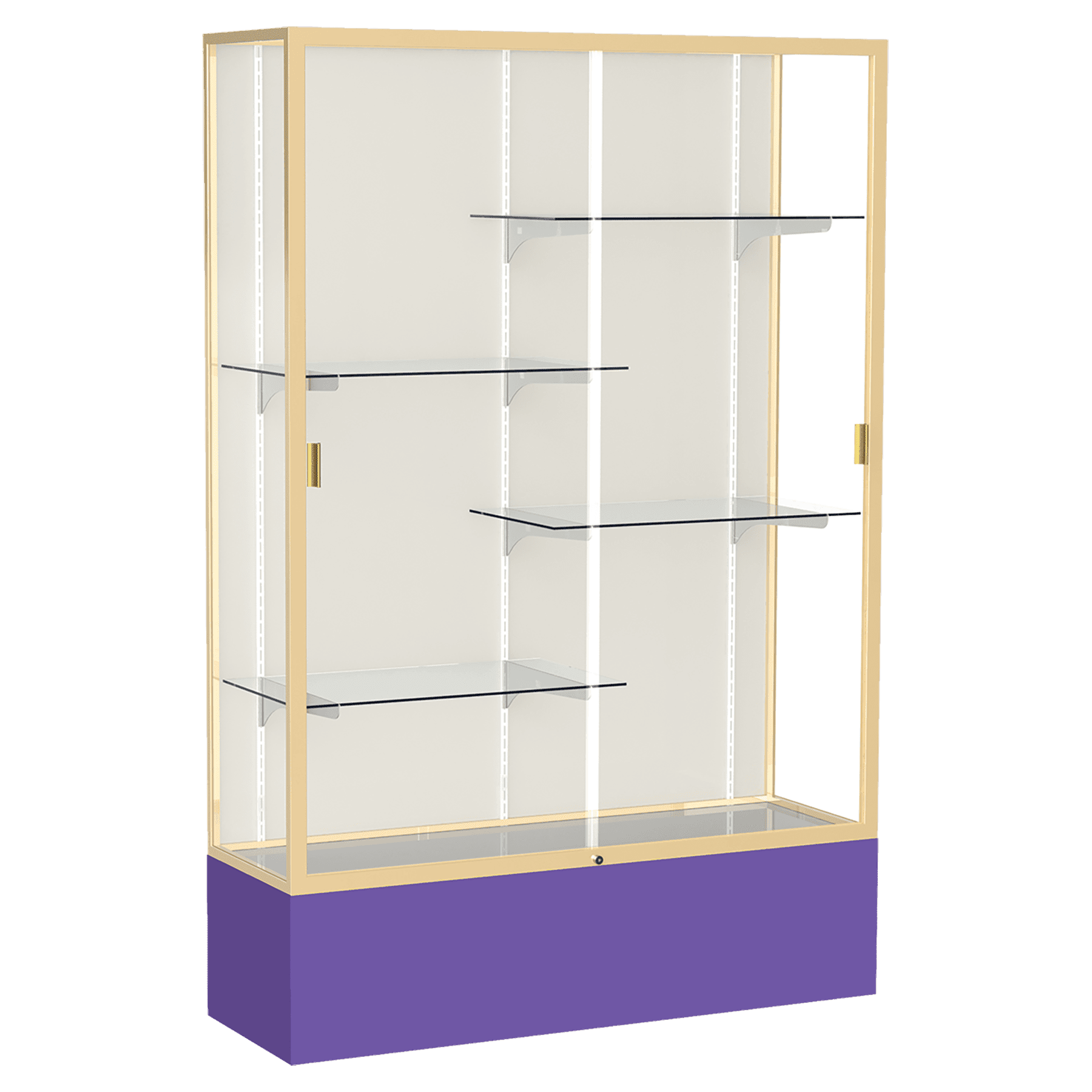 72"H x 48"W x 16"D Purple Laminate Finish, Plaque Fabric Back, Champagne Aluminum Frame, Spirit Display Case