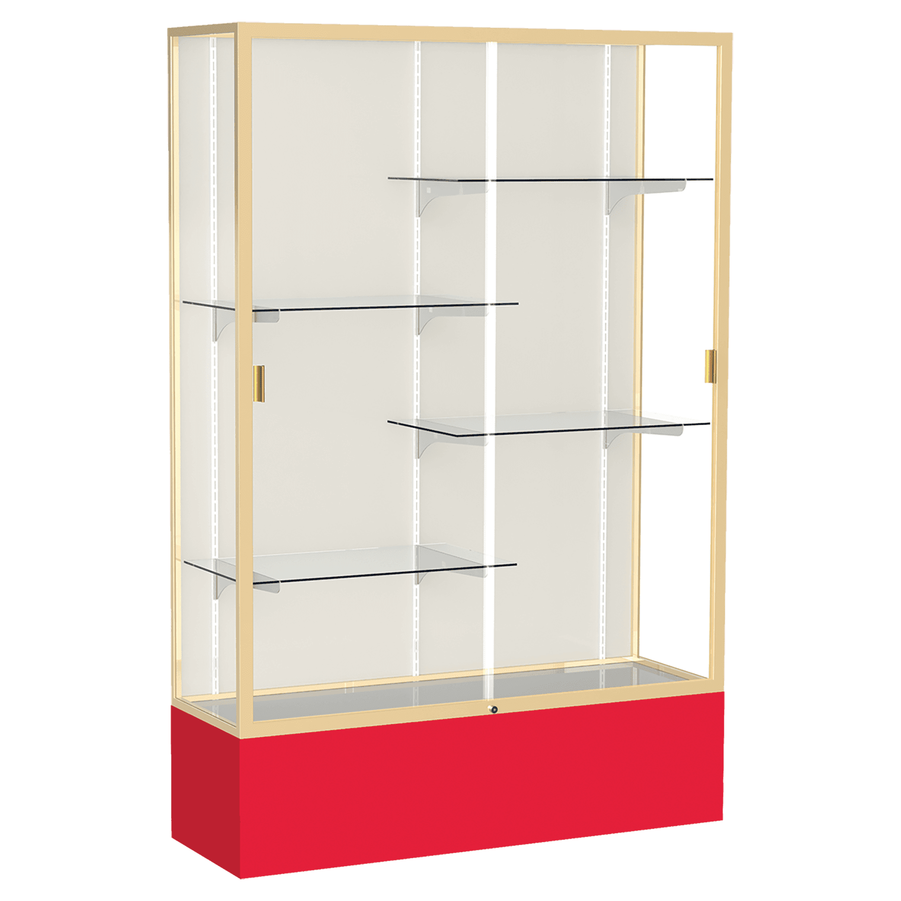 72"H x 48"W x 16"D Red Laminate Finish, Plaque Fabric Back, Champagne Aluminum Frame, Spirit Display Case