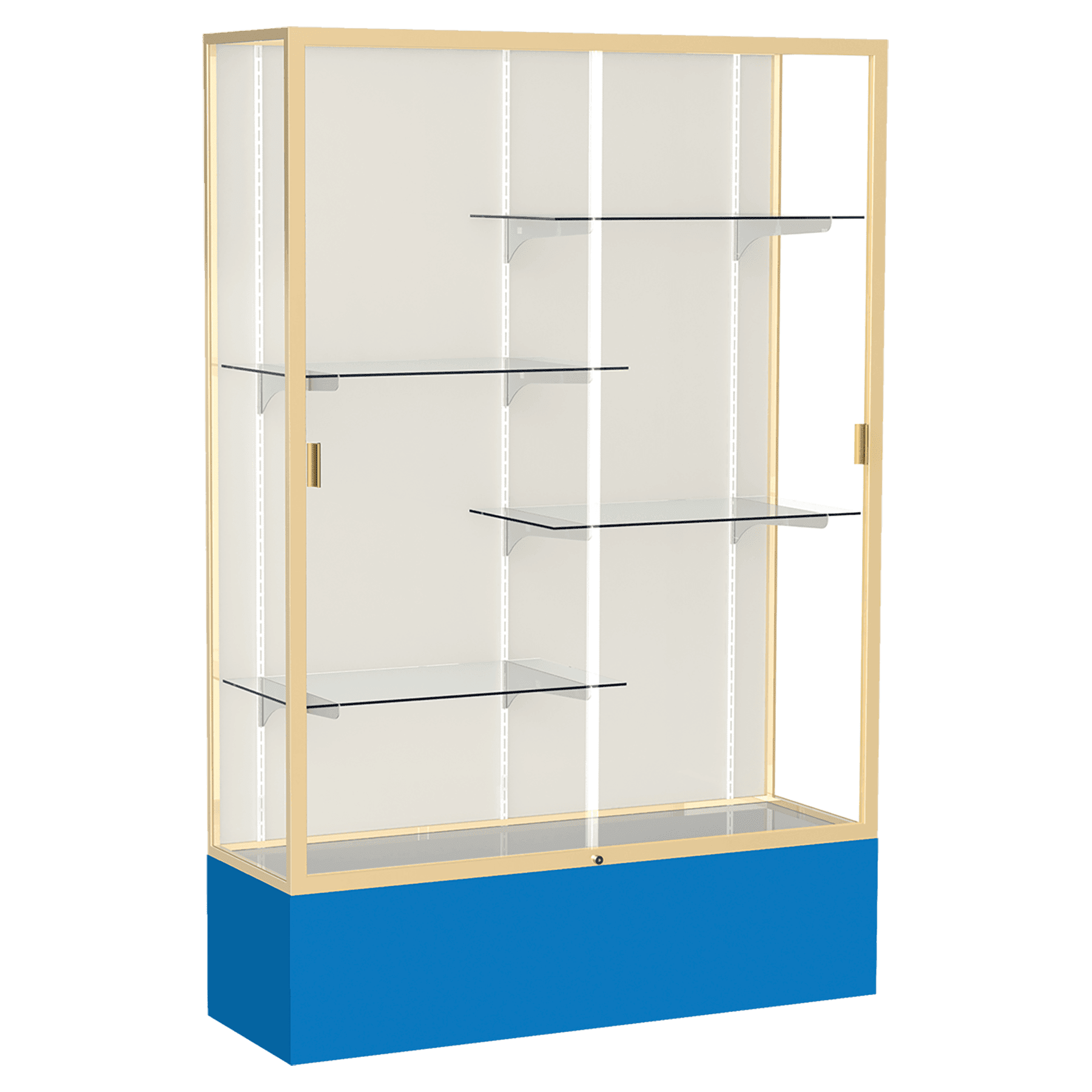 72"H x 48"W x 16"D Royal Blue Laminate Finish, Plaque Fabric Back, Champagne Aluminum Frame, Spirit Display Case