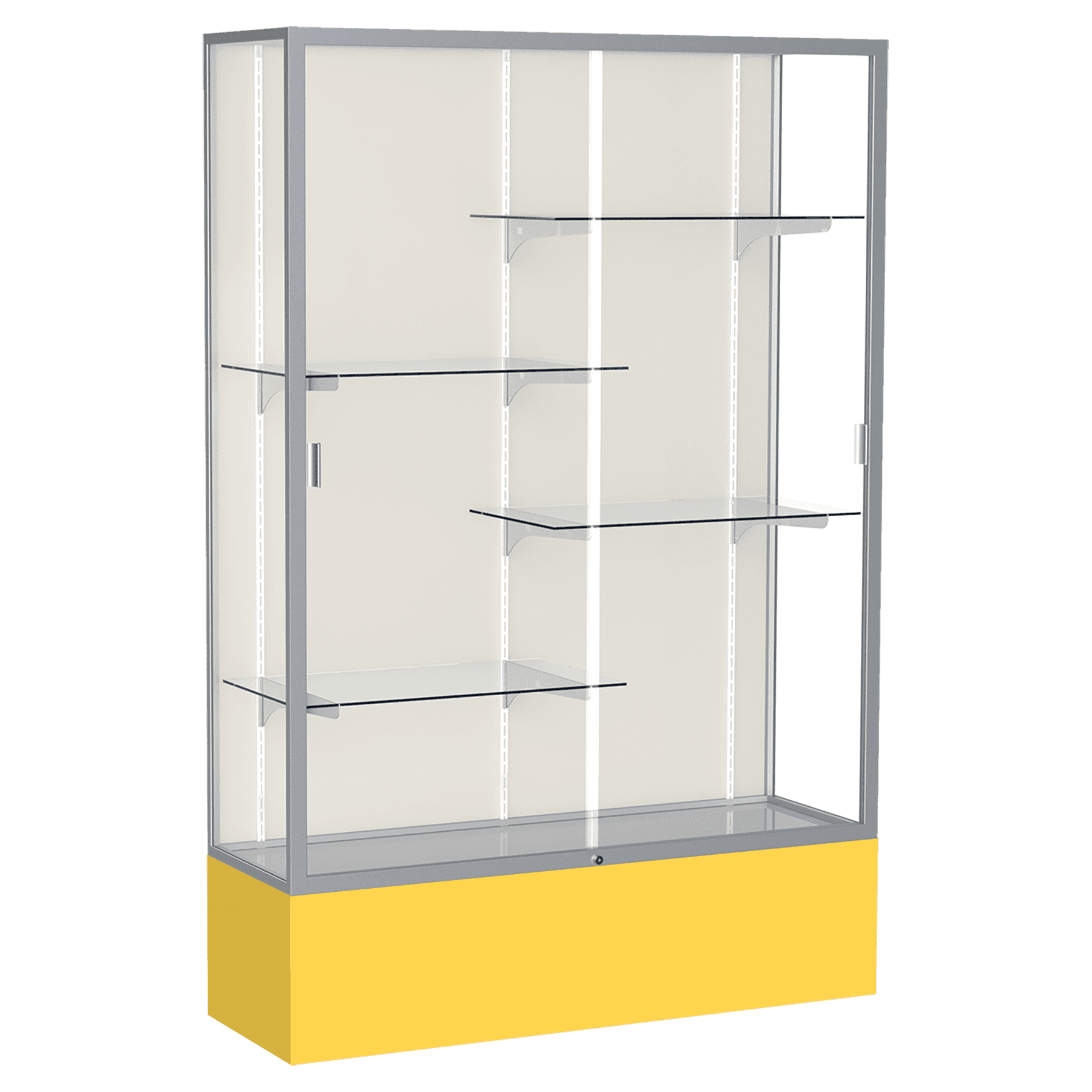 72"H x 48"W x 16"D Goldenrod Laminate Finish, Plaque Fabric Back, Satin Aluminum Frame, Spirit Display Case