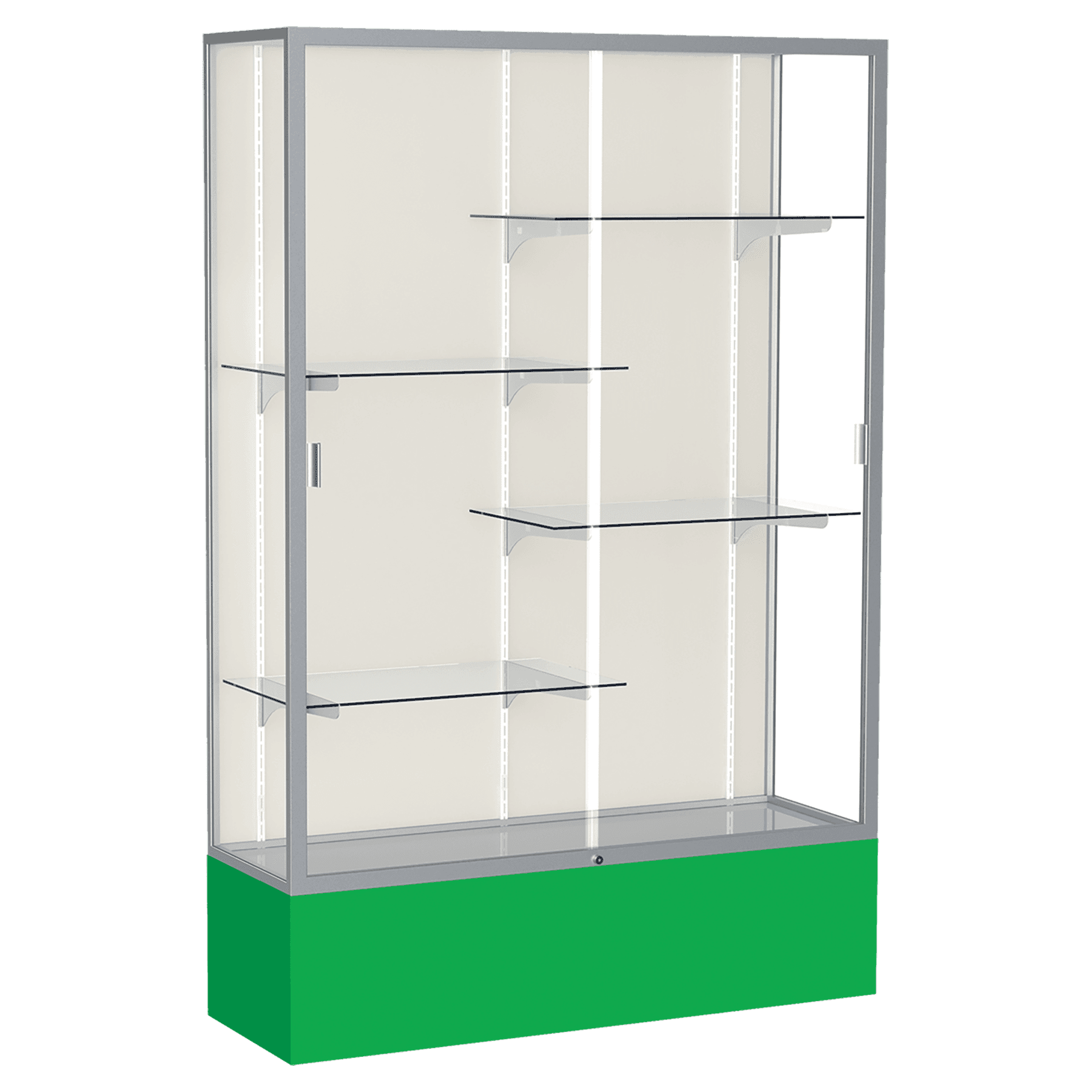 72"H x 48"W x 16"D Kelly Green Laminate Finish, Plaque Fabric Back, Satin Aluminum Frame, Spirit Display Case