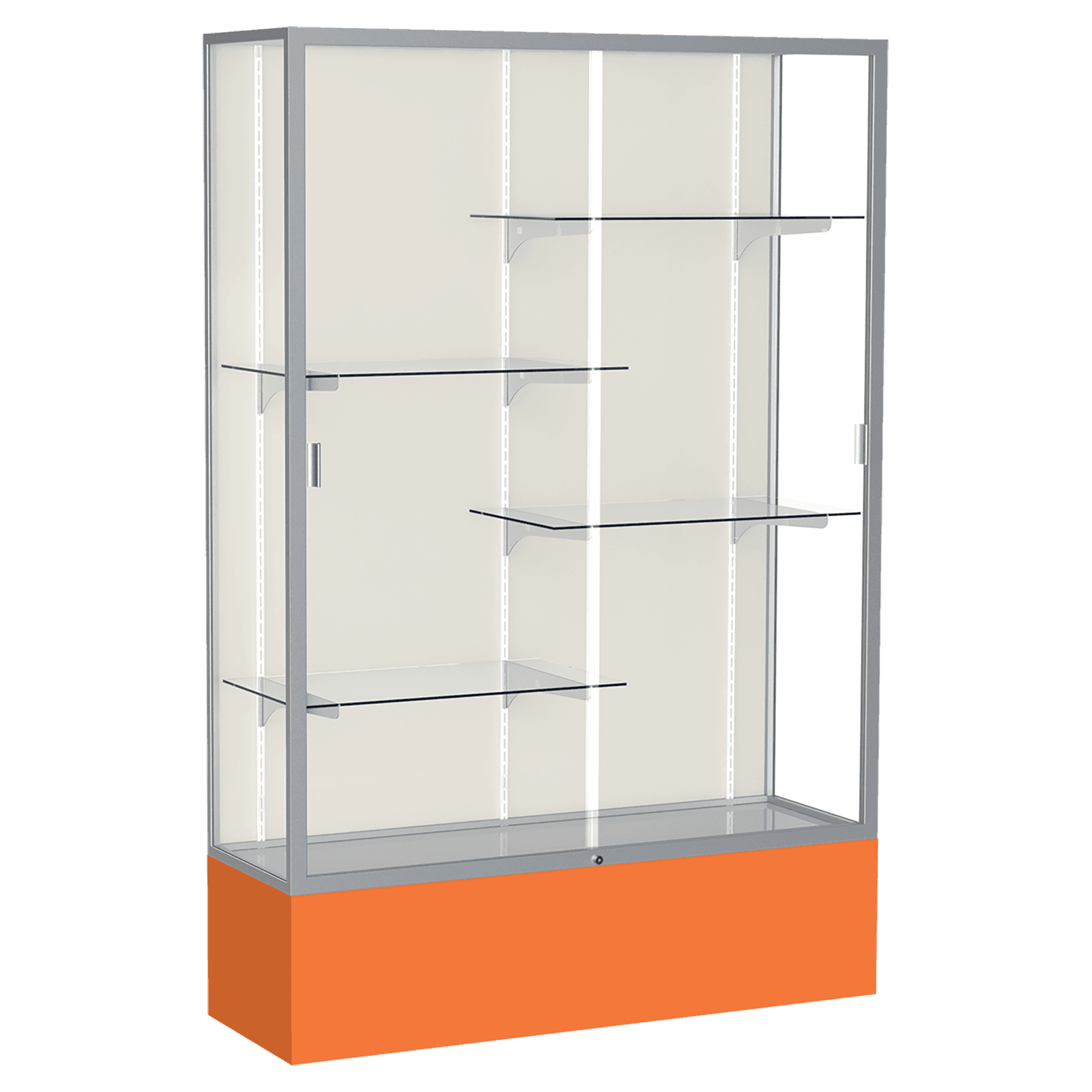 72"H x 48"W x 16"D Orange Laminate Finish, Plaque Fabric Back, Satin Aluminum Frame, Spirit Display Case