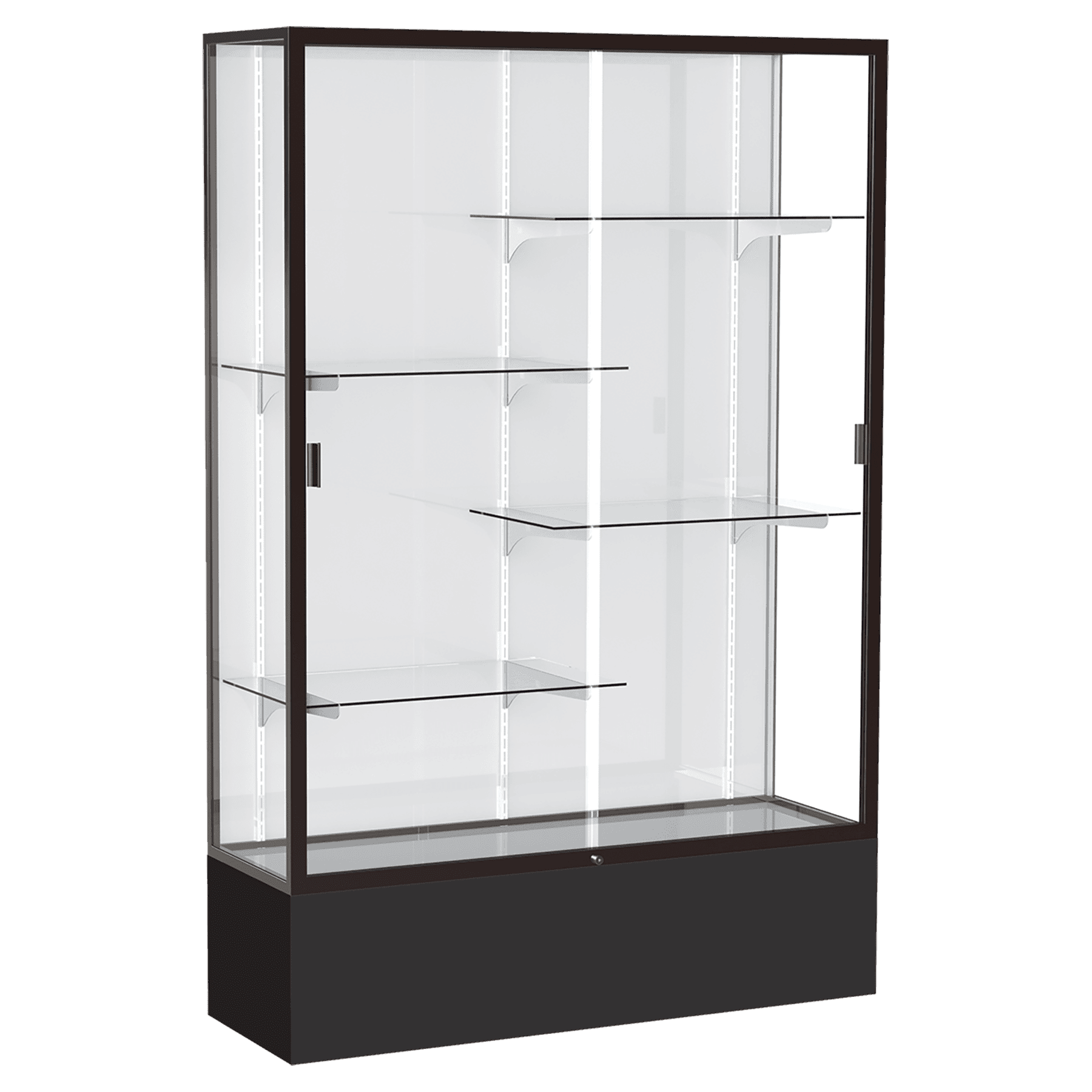 72"H x 48"W x 16"D Black Laminate Finish, White Laminate Finish Back, Bronze Aluminum Frame, Spirit Display Case