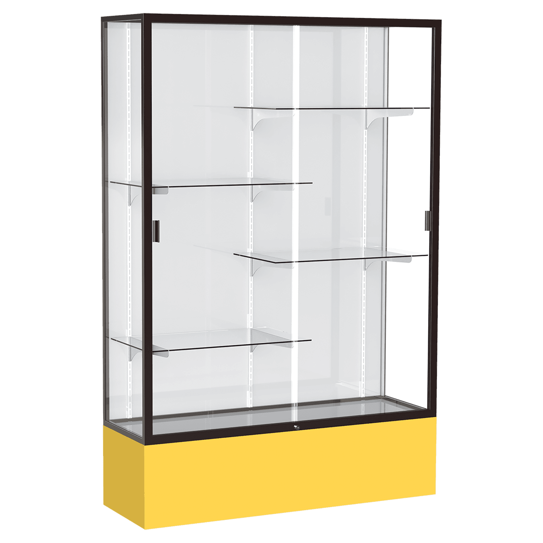 72"H x 48"W x 16"D Goldenrod Laminate Finish, White Laminate Finish Back, Bronze Aluminum Frame, Spirit Display Case