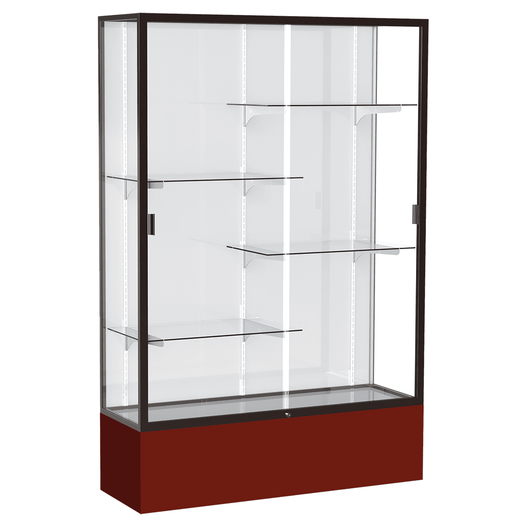 72"H x 48"W x 16"D Maroon Laminate Finish, White Laminate Finish Back, Bronze Aluminum Frame, Spirit Display Case