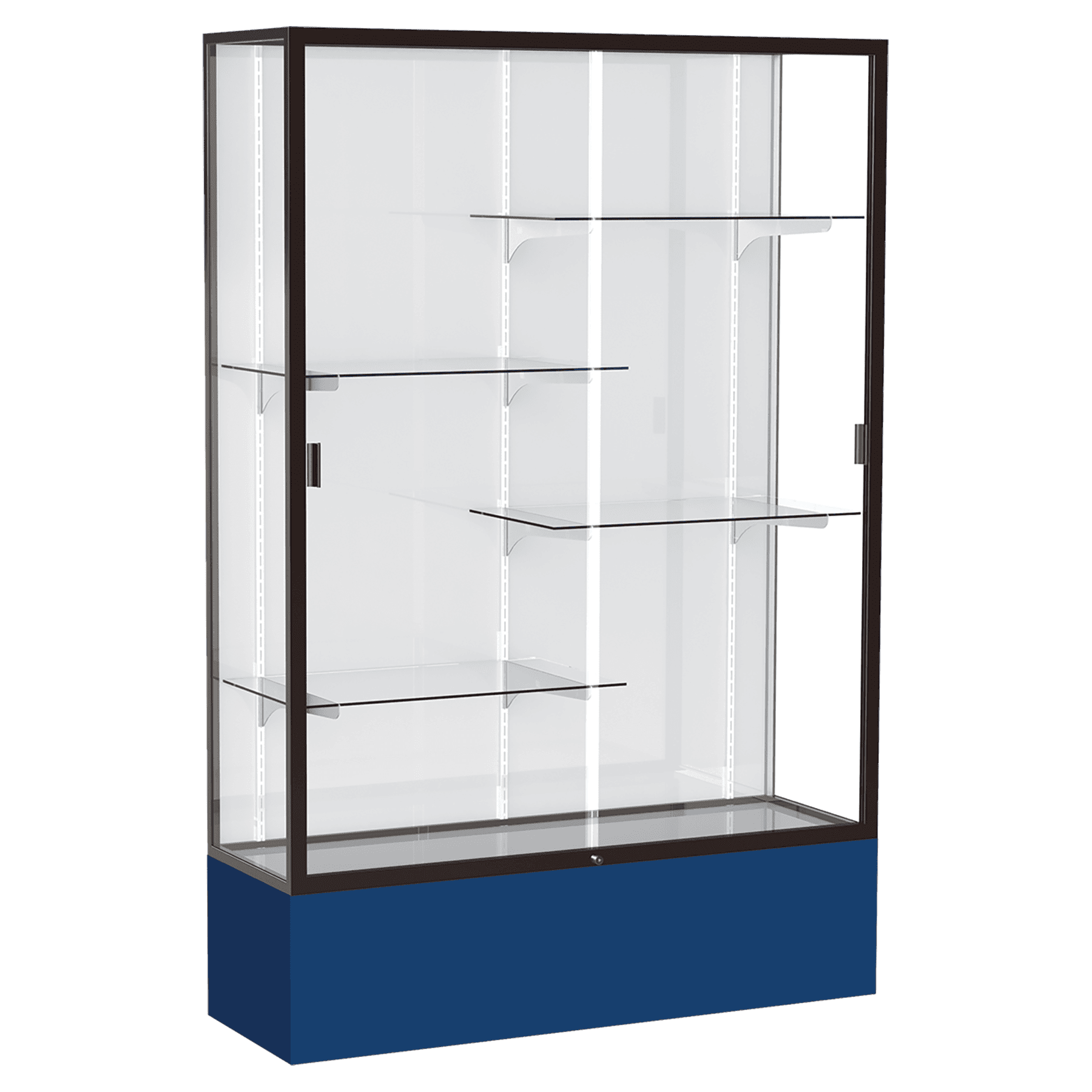 72"H x 48"W x 16"D Navy Laminate Finish, White Laminate Finish Back, Bronze Aluminum Frame, Spirit Display Case