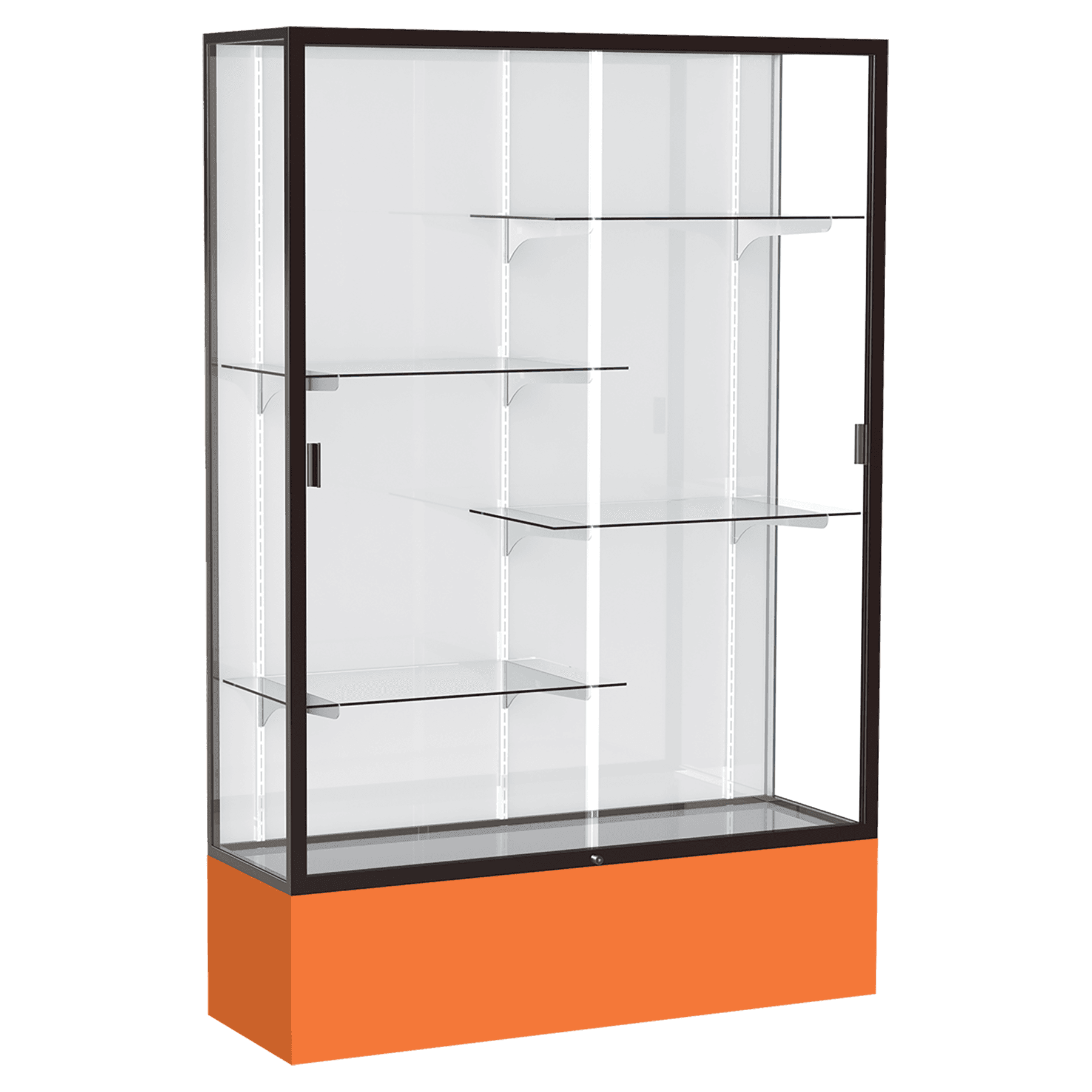 72"H x 48"W x 16"D Orange Laminate Finish, White Laminate Finish Back, Bronze Aluminum Frame, Spirit Display Case