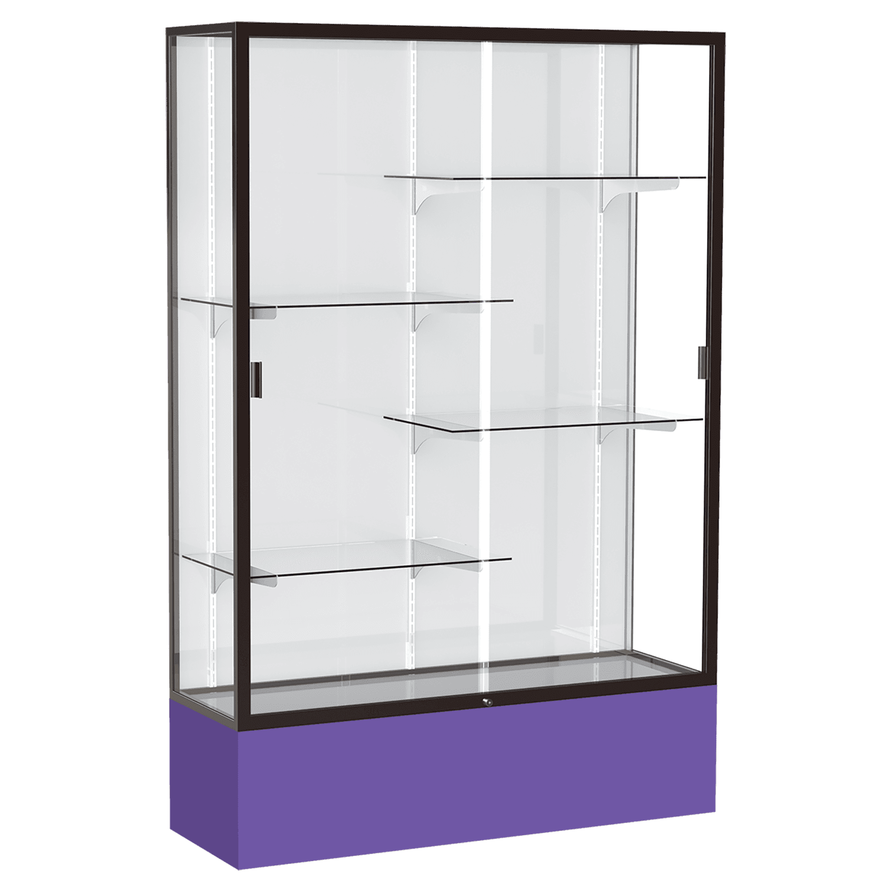 72"H x 48"W x 16"D Purple Laminate Finish, White Laminate Finish Back, Bronze Aluminum Frame, Spirit Display Case