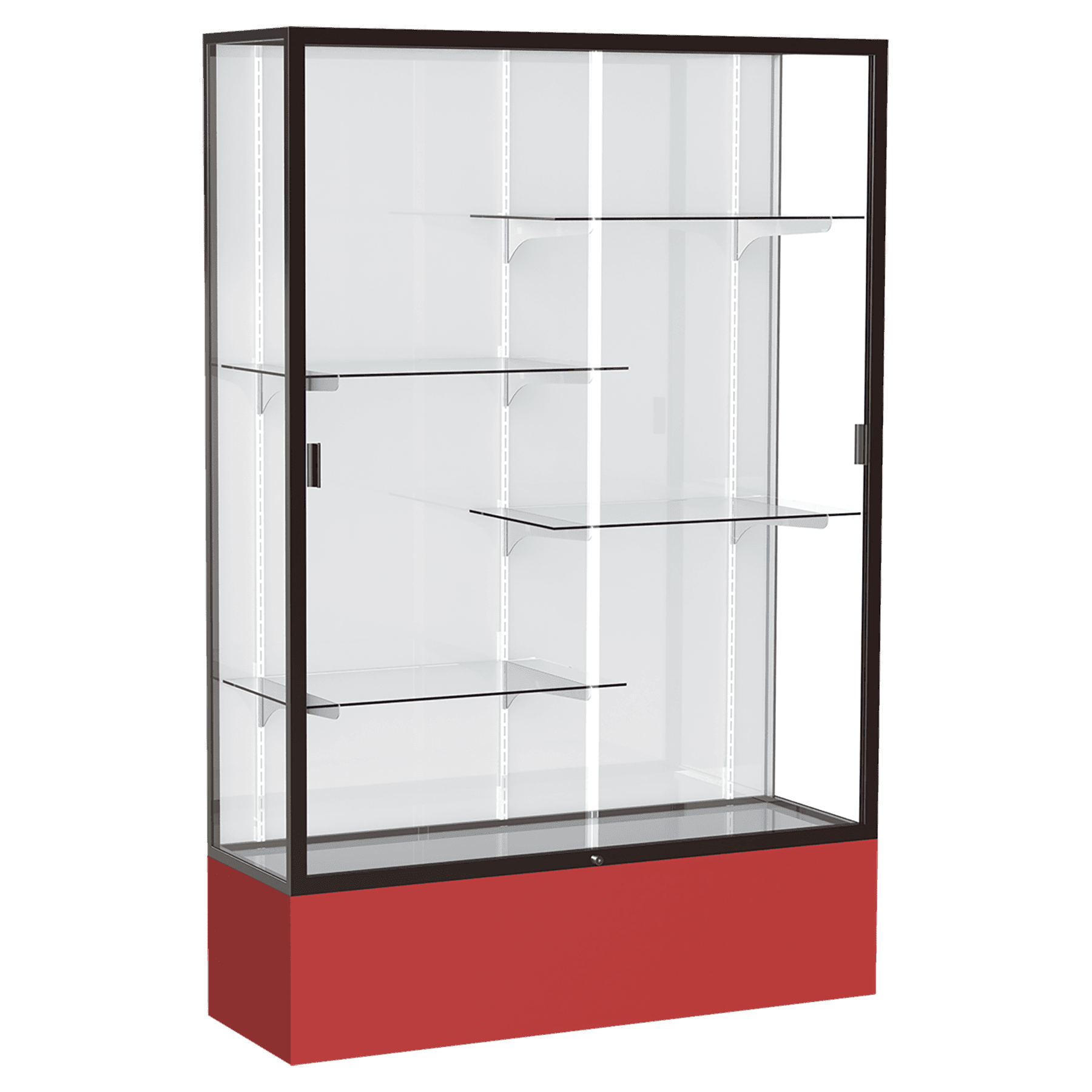 72"H x 48"W x 16"D Red Laminate Finish, White Laminate Finish Back, Bronze Aluminum Frame, Spirit Display Case
