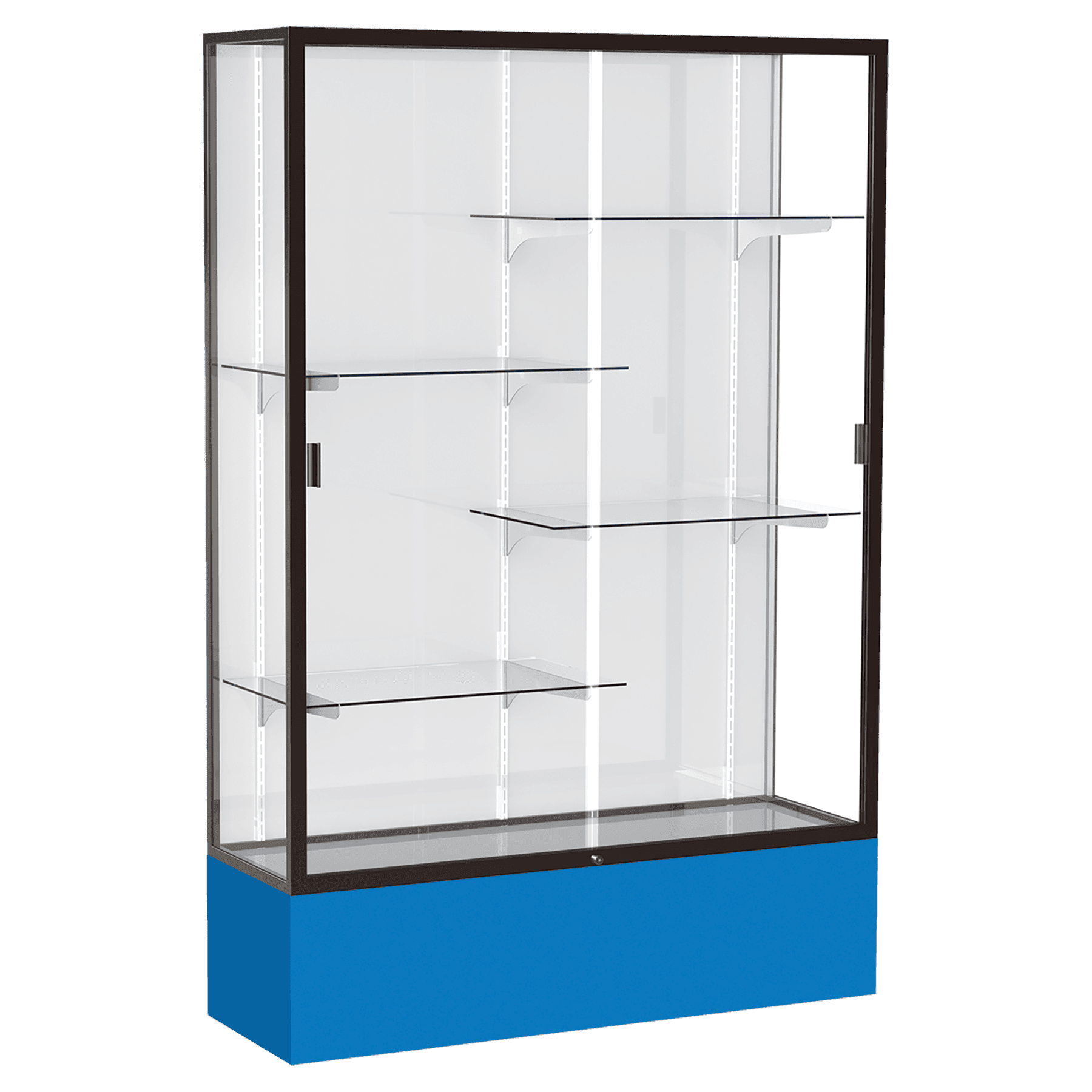72"H x 48"W x 16"D Royal Blue Laminate Finish, White Laminate Finish Back, Bronze Aluminum Frame, Spirit Display Case