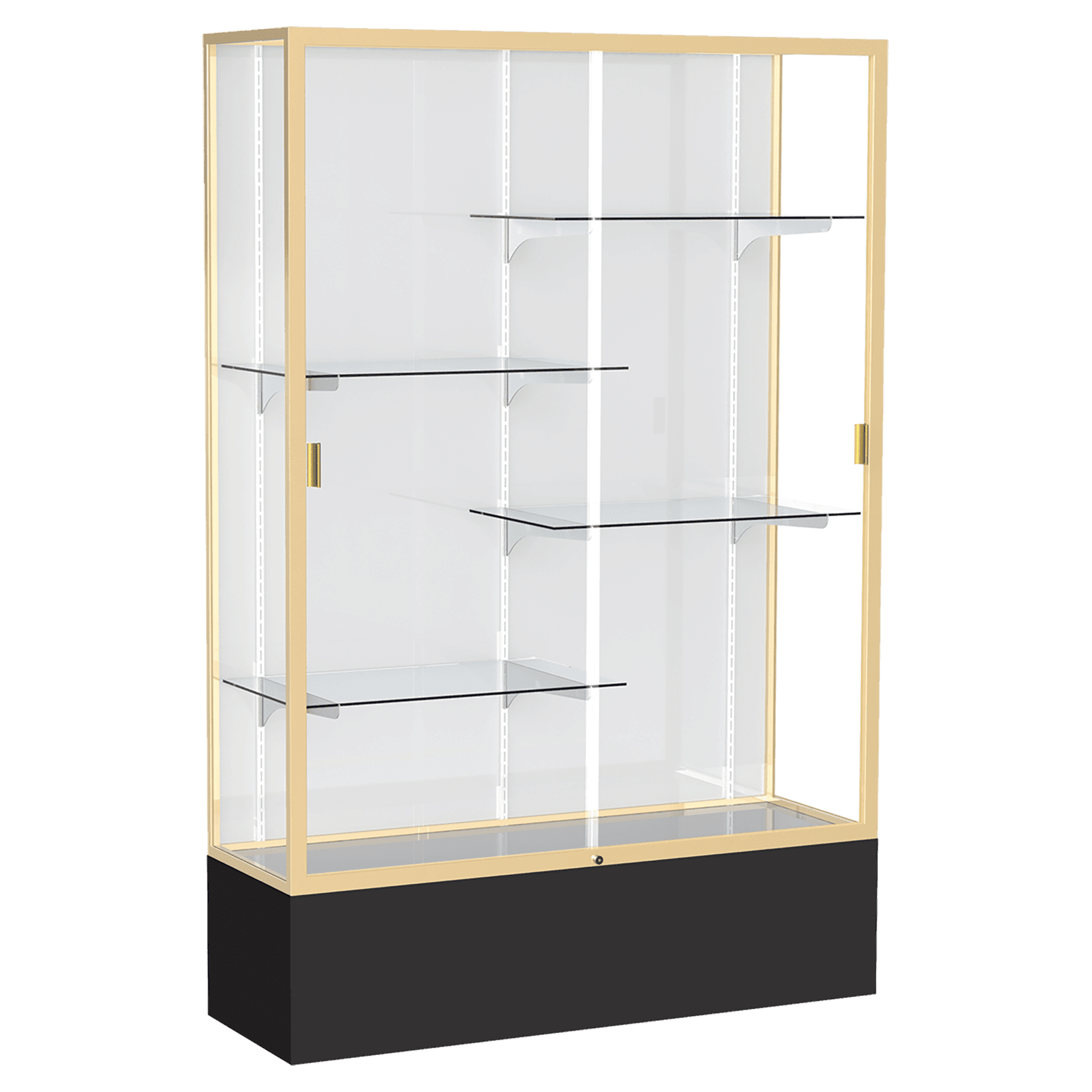 72"H x 48"W x 16"D Black Laminate Finish, White Laminate Finish Back, Champagne Aluminum Frame, Spirit Display Case