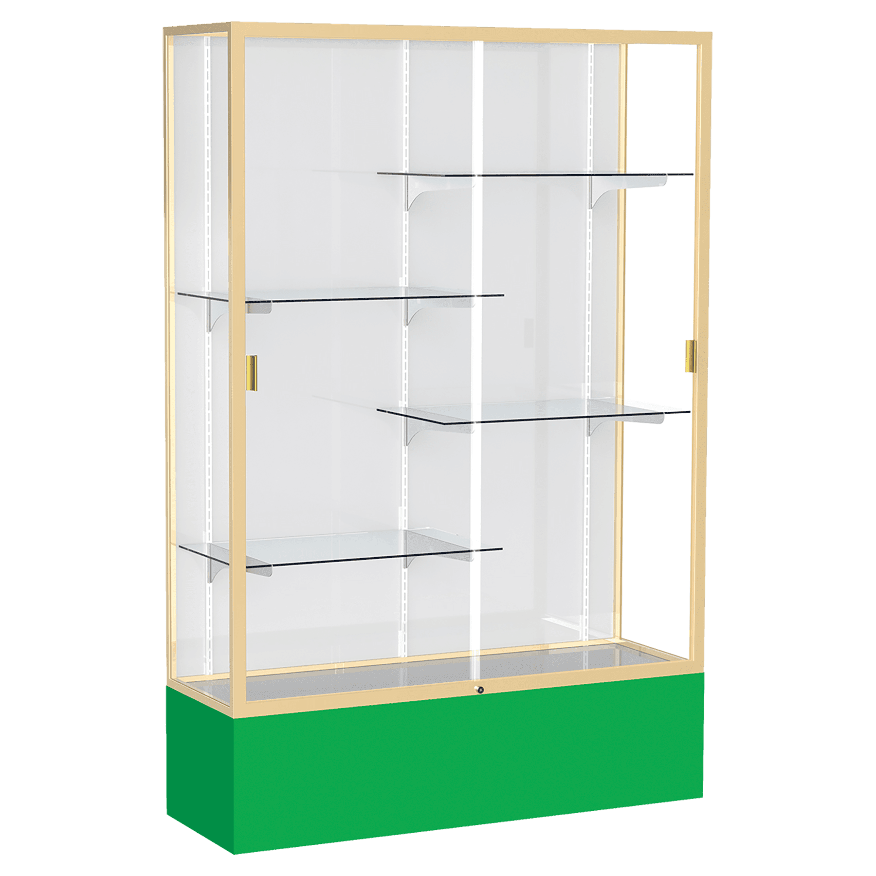 72"H x 48"W x 16"D Kelly Green Laminate Finish, White Laminate Finish Back, Champagne Aluminum Frame, Spirit Display Case