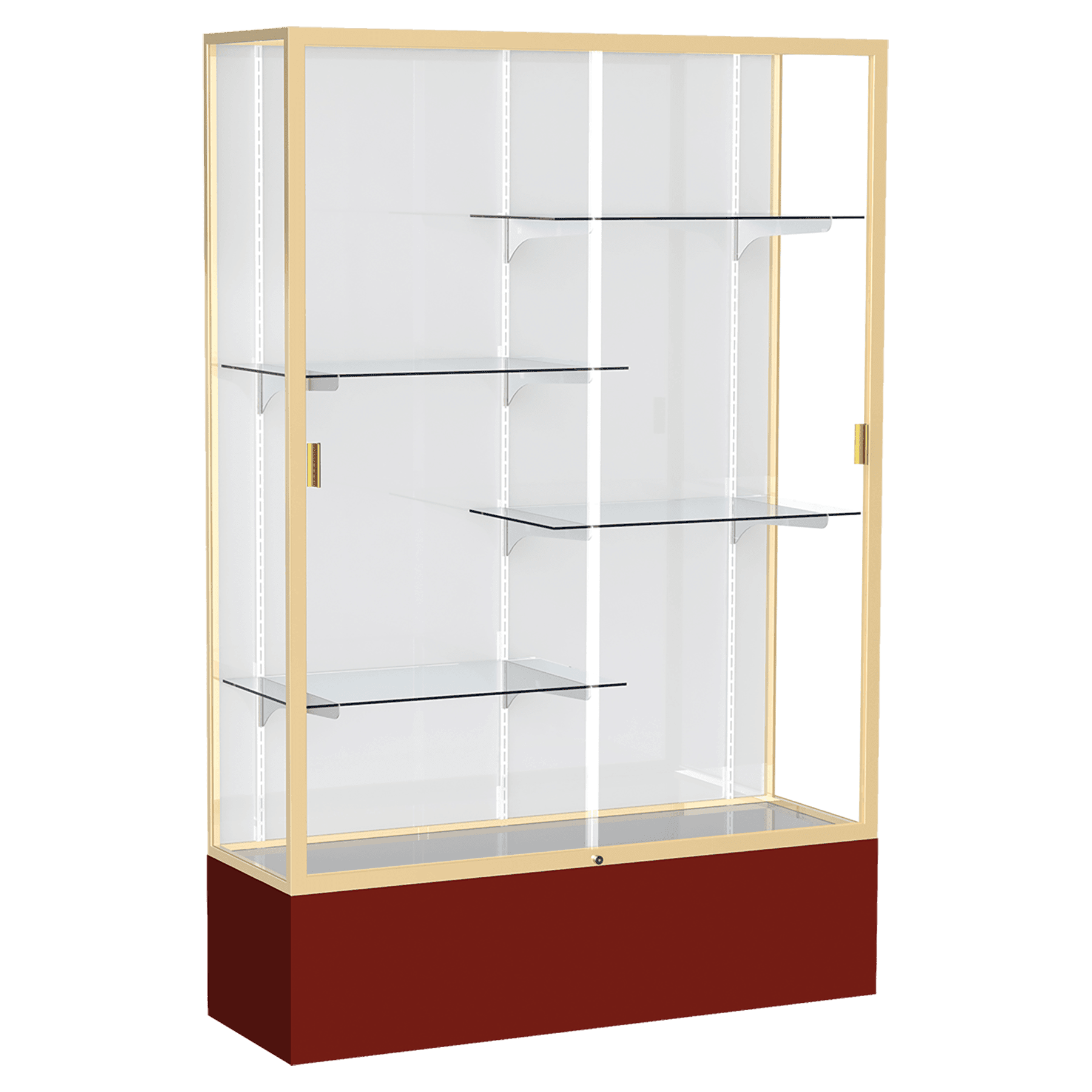72"H x 48"W x 16"D Maroon Laminate Finish, White Laminate Finish Back, Champagne Aluminum Frame, Spirit Display Case