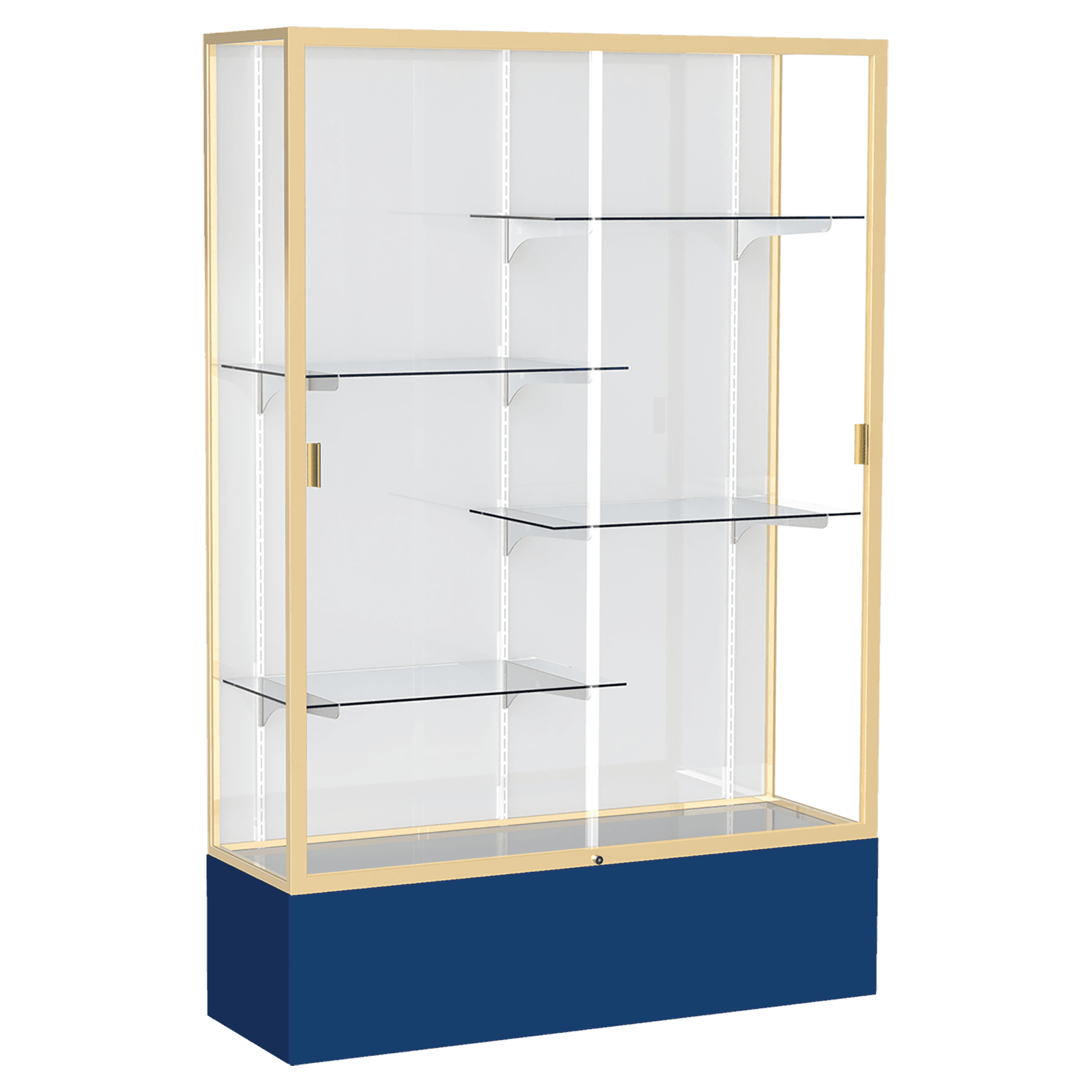 72"H x 48"W x 16"D Navy Laminate Finish, White Laminate Finish Back, Champagne Aluminum Frame, Spirit Display Case
