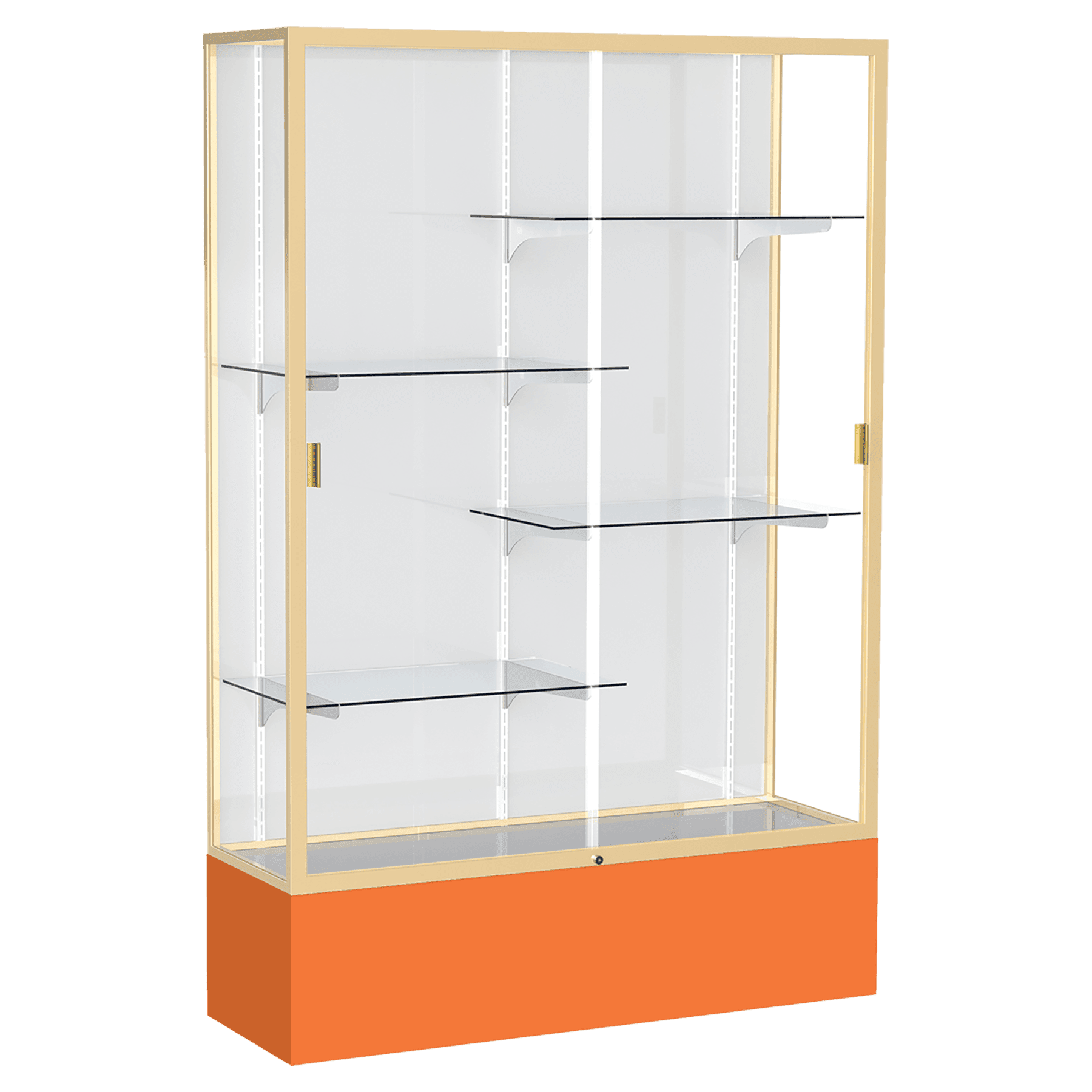 72"H x 48"W x 16"D Orange Laminate Finish, White Laminate Finish Back, Champagne Aluminum Frame, Spirit Display Case