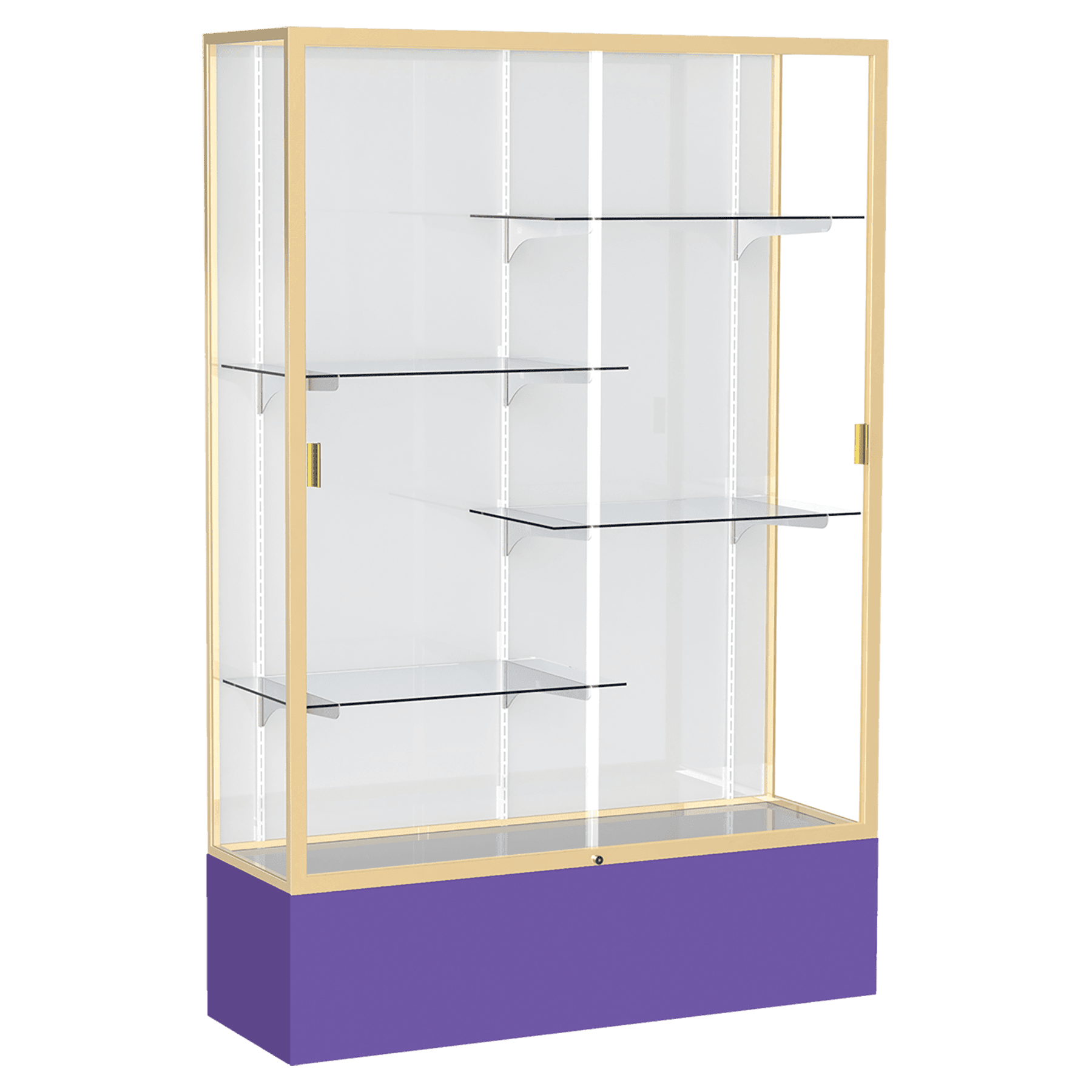 72"H x 48"W x 16"D Purple Laminate Finish, White Laminate Finish Back, Champagne Aluminum Frame, Spirit Display Case
