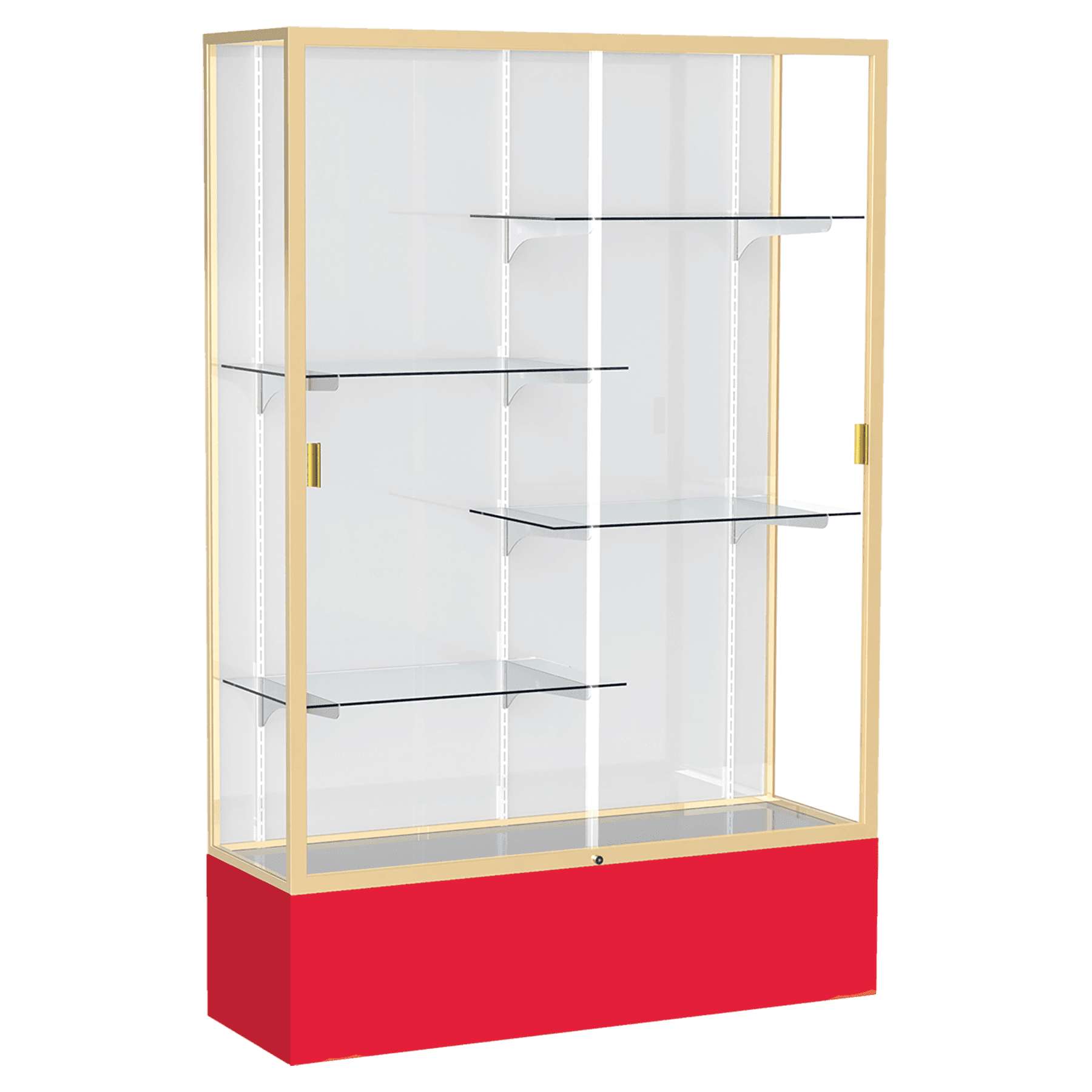 72"H x 48"W x 16"D Red Laminate Finish, White Laminate Finish Back, Champagne Aluminum Frame, Spirit Display Case