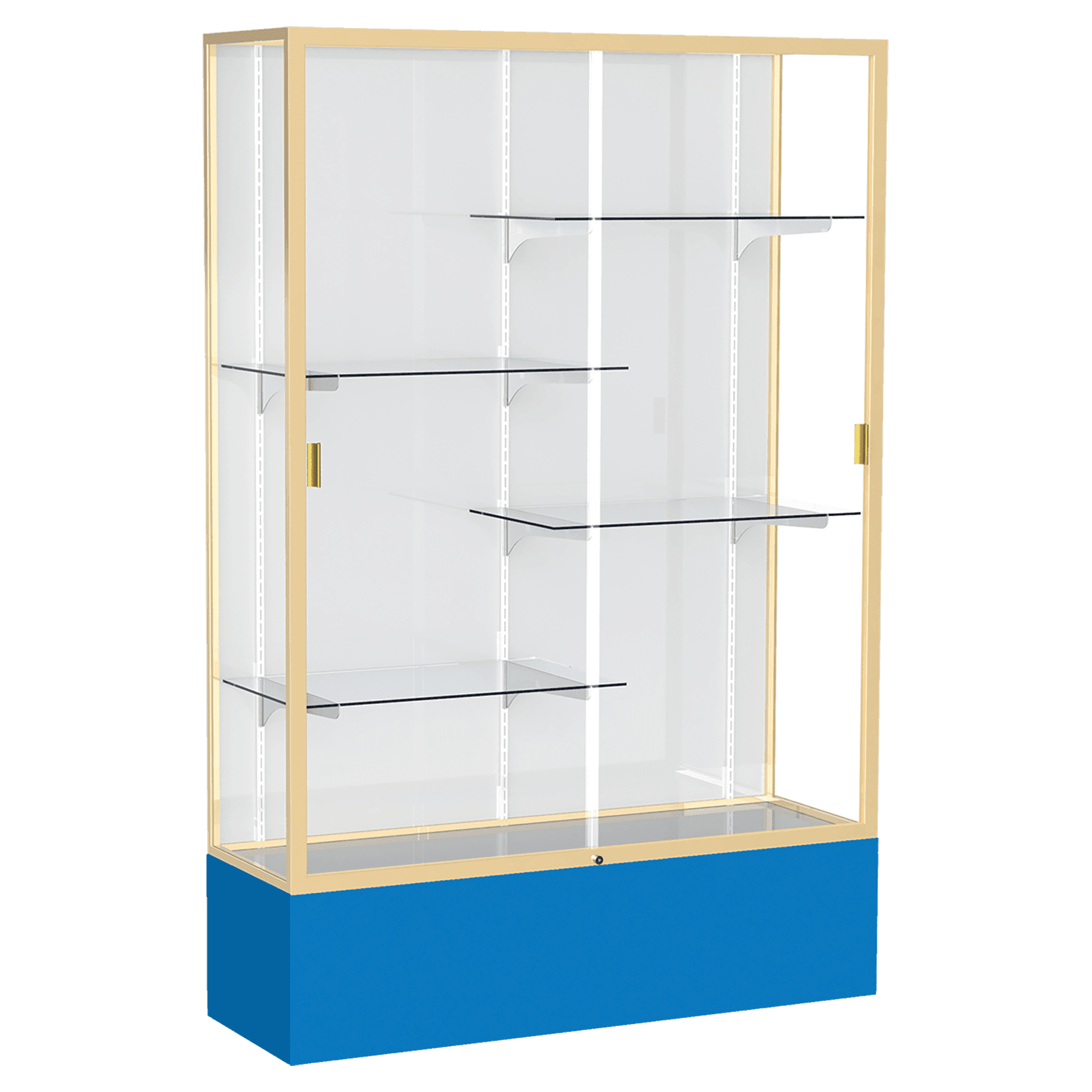 72"H x 48"W x 16"D Royal Blue Laminate Finish, White Laminate Finish Back, Champagne Aluminum Frame, Spirit Display Case