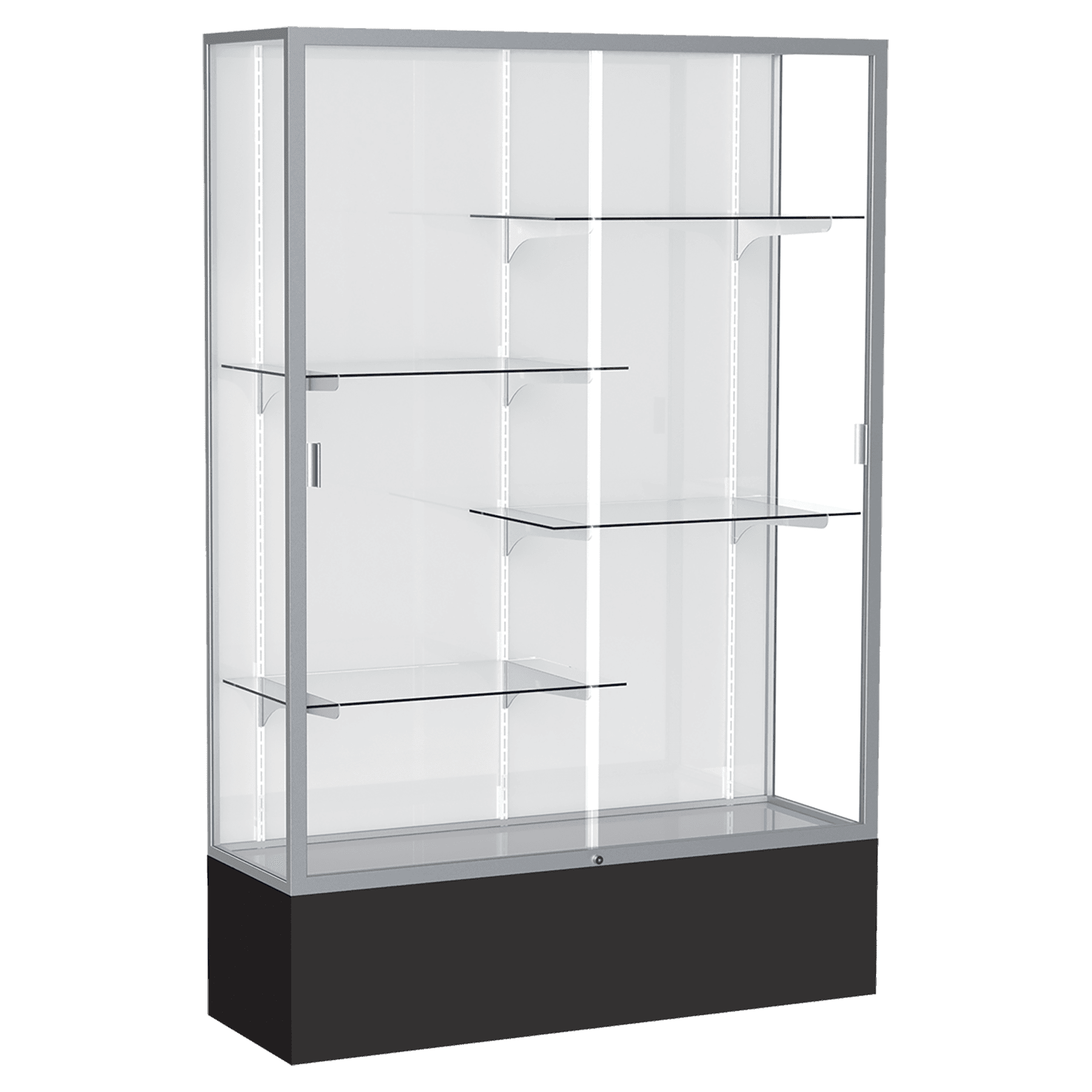72"H x 48"W x 16"D Black Laminate Finish, White Laminate Finish Back, Satin Aluminum Frame, Spirit Display Case