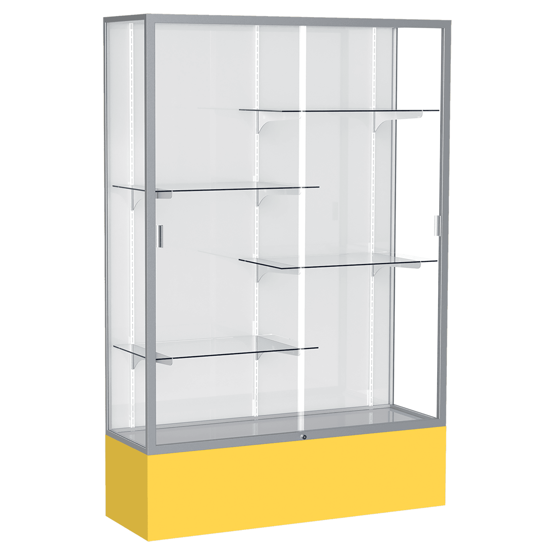 72"H x 48"W x 16"D Goldenrod Laminate Finish, White Laminate Finish Back, Satin Aluminum Frame, Spirit Display Case