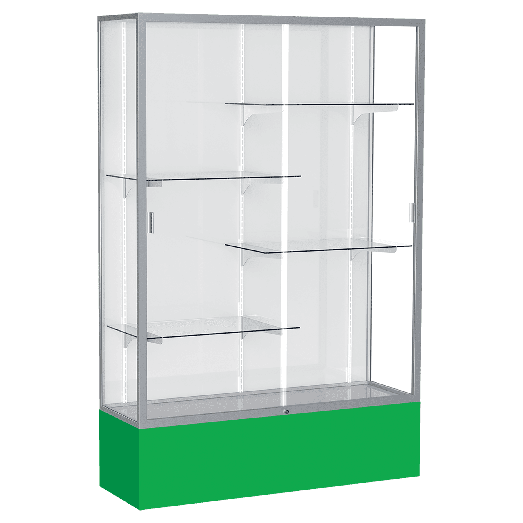 72"H x 48"W x 16"D Kelly Green Laminate Finish, White Laminate Finish Back, Satin Aluminum Frame, Spirit Display Case