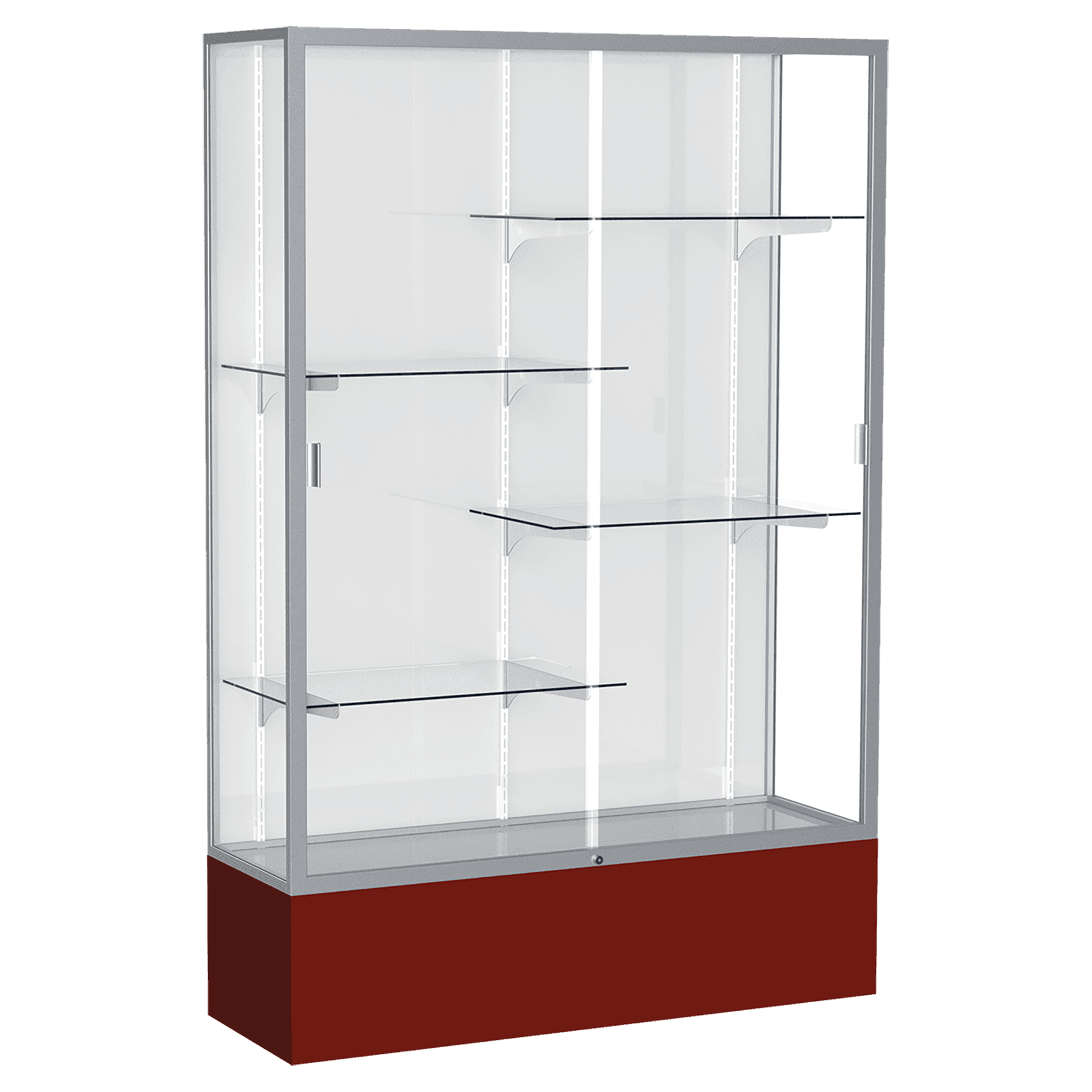 72"H x 48"W x 16"D Maroon Laminate Finish, White Laminate Finish Back, Satin Aluminum Frame, Spirit Display Case