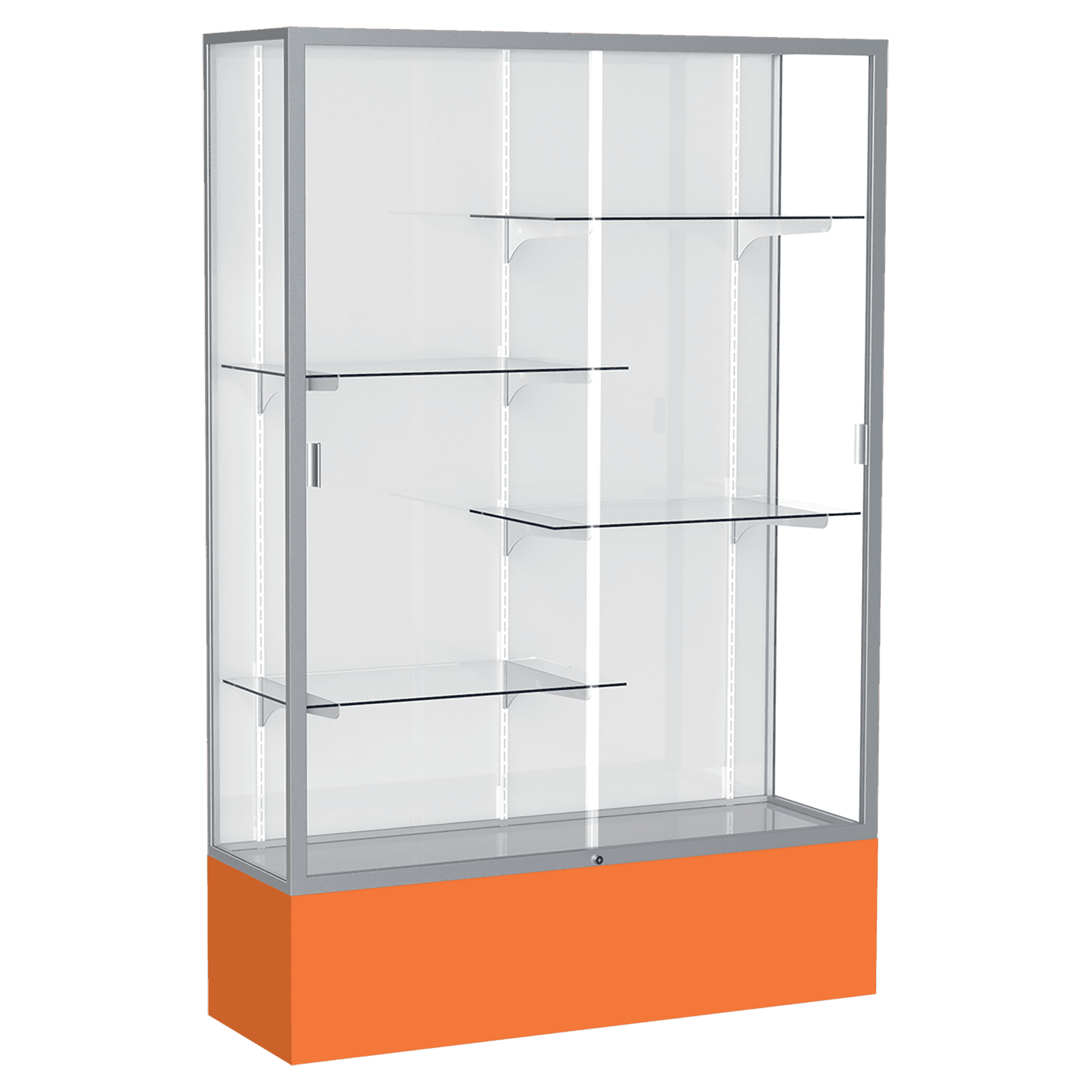 72"H x 48"W x 16"D Orange Laminate Finish, White Laminate Finish Back, Satin Aluminum Frame, Spirit Display Case
