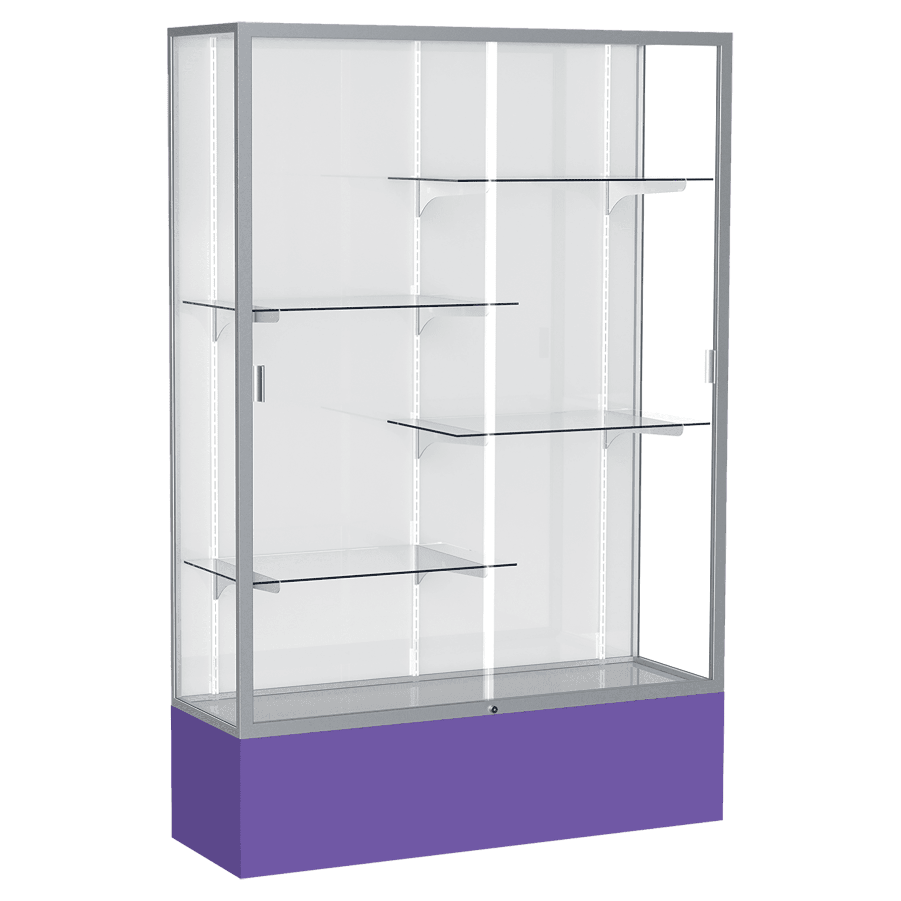 72"H x 48"W x 16"D Purple Laminate Finish, White Laminate Finish Back, Satin Aluminum Frame, Spirit Display Case