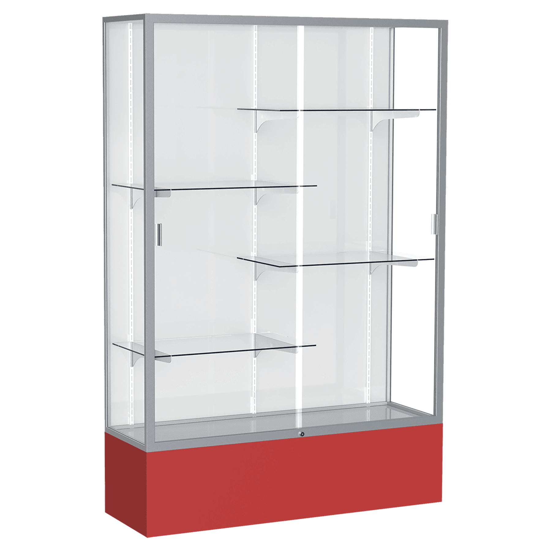 72"H x 48"W x 16"D Red Laminate Finish, White Laminate Finish Back, Satin Aluminum Frame, Spirit Display Case
