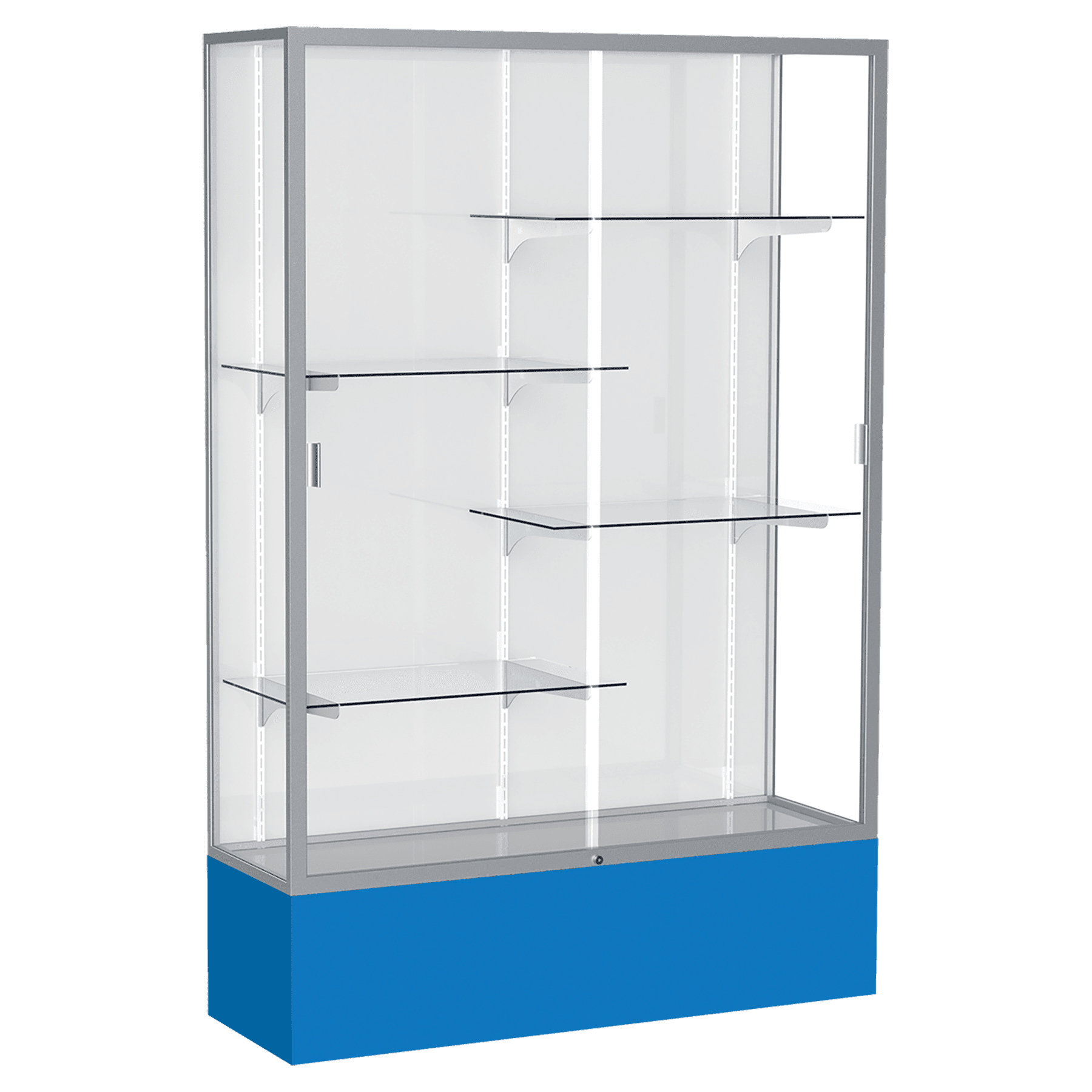 72"H x 48"W x 16"D Royal Blue Laminate Finish, White Laminate Finish Back, Satin Aluminum Frame, Spirit Display Case