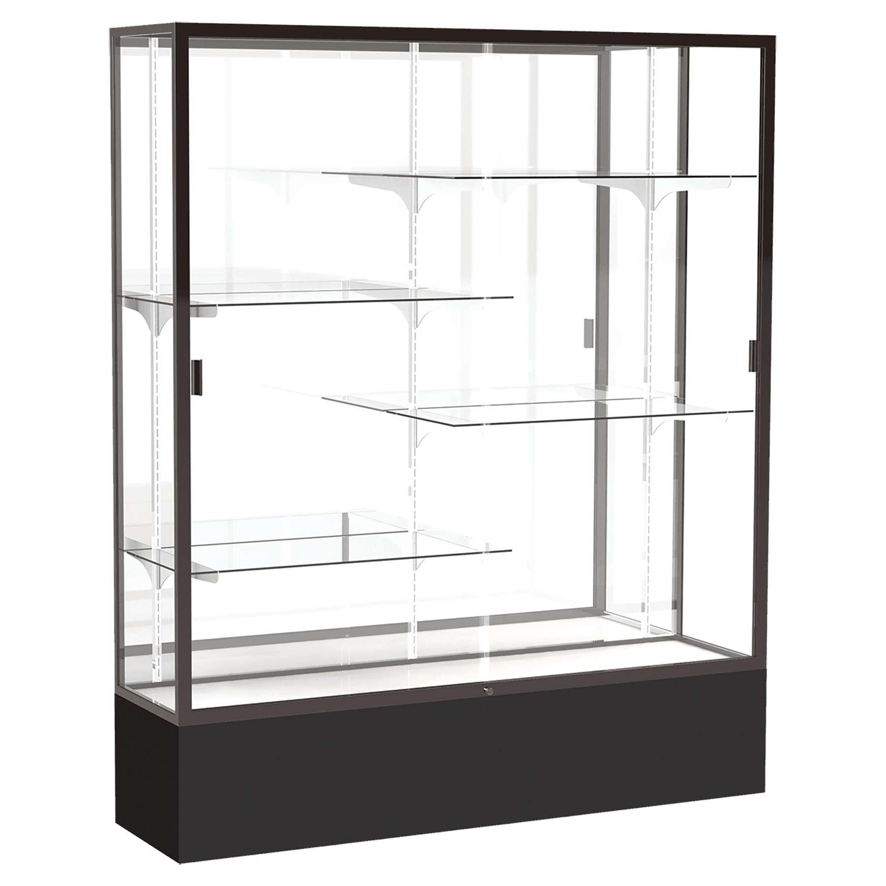 72"H x 60"W x 16"D Black Laminate Finish, Mirror Back, Bronze Aluminum Frame, Spirit Display Case