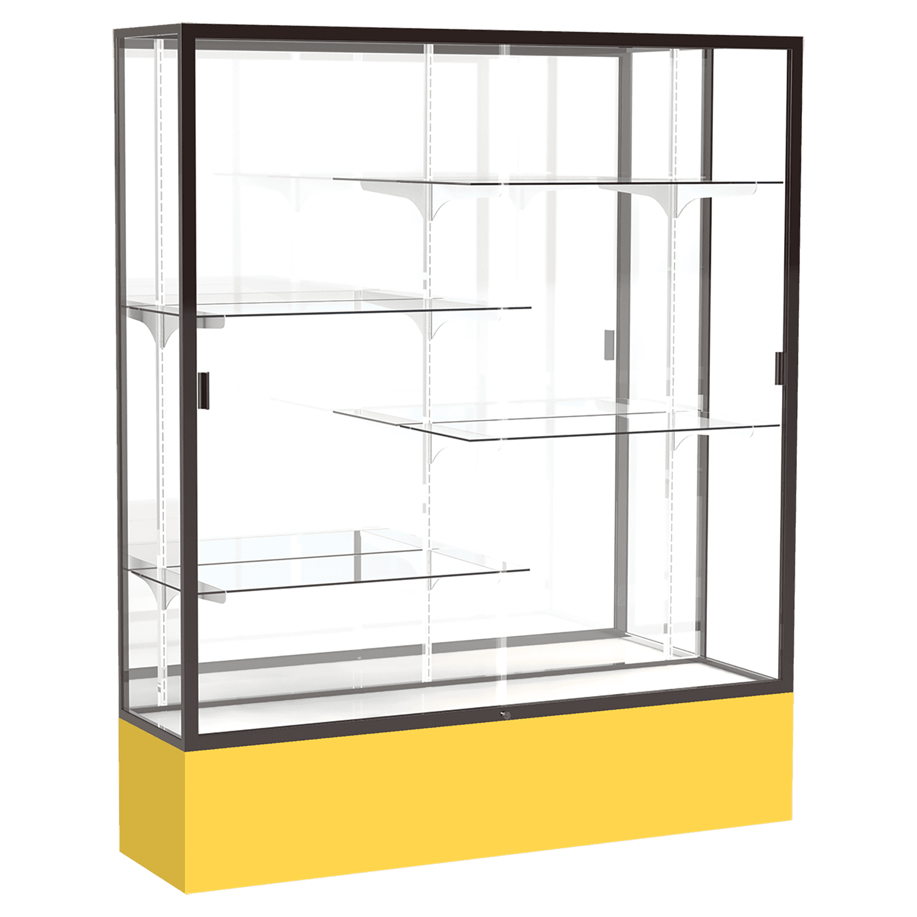 72"H x 60"W x 16"D Goldenrod Laminate Finish, Mirror Back, Bronze Aluminum Frame, Spirit Display Case