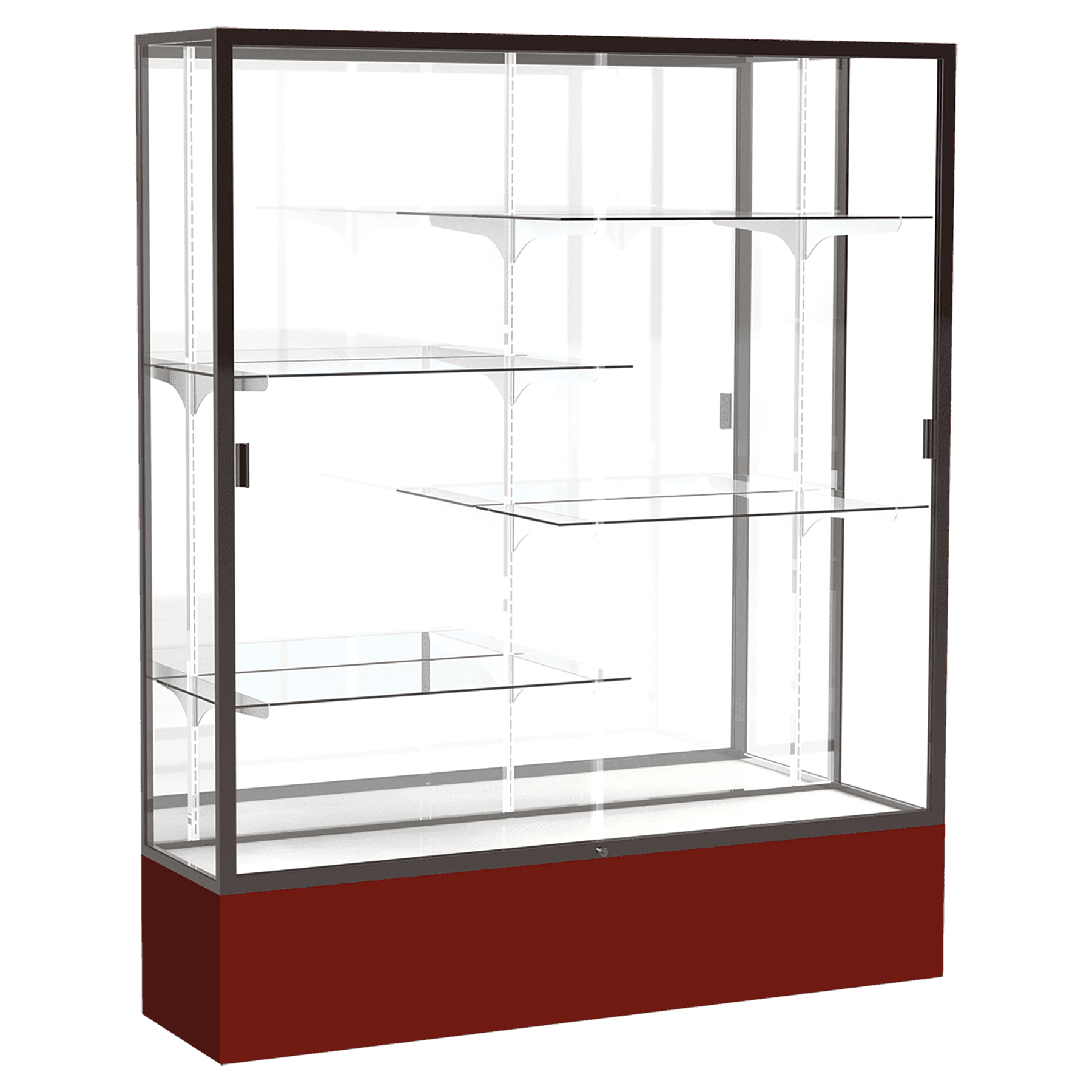 72"H x 60"W x 16"D Maroon Laminate Finish, Mirror Back, Bronze Aluminum Frame, Spirit Display Case