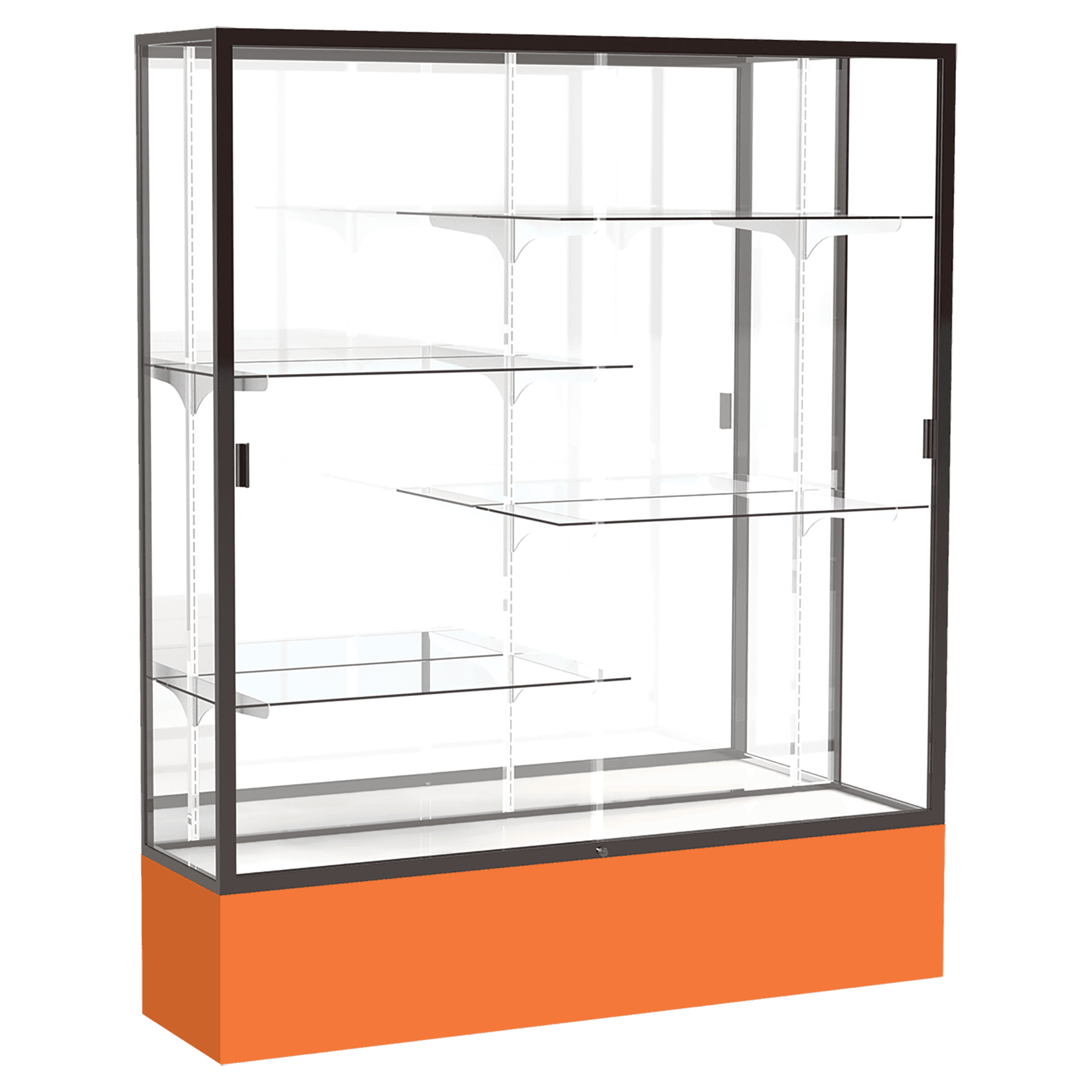 72"H x 60"W x 16"D Orange Laminate Finish, Mirror Back, Bronze Aluminum Frame, Spirit Display Case