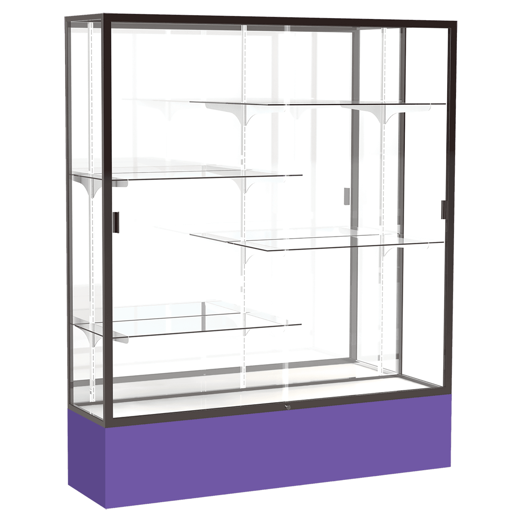 72"H x 60"W x 16"D Purple Laminate Finish, Mirror Back, Bronze Aluminum Frame, Spirit Display Case