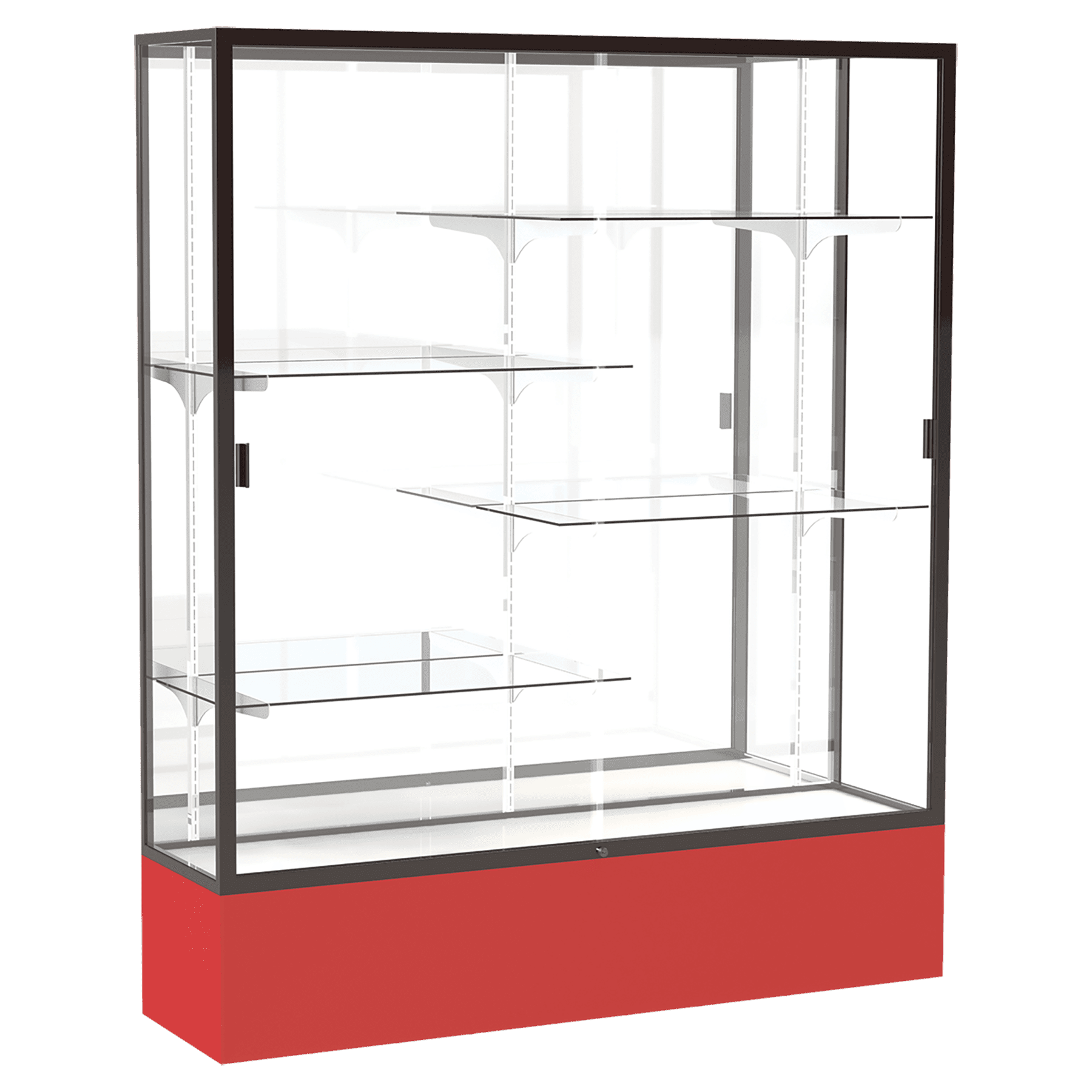 72"H x 60"W x 16"D Red Laminate Finish, Mirror Back, Bronze Aluminum Frame, Spirit Display Case