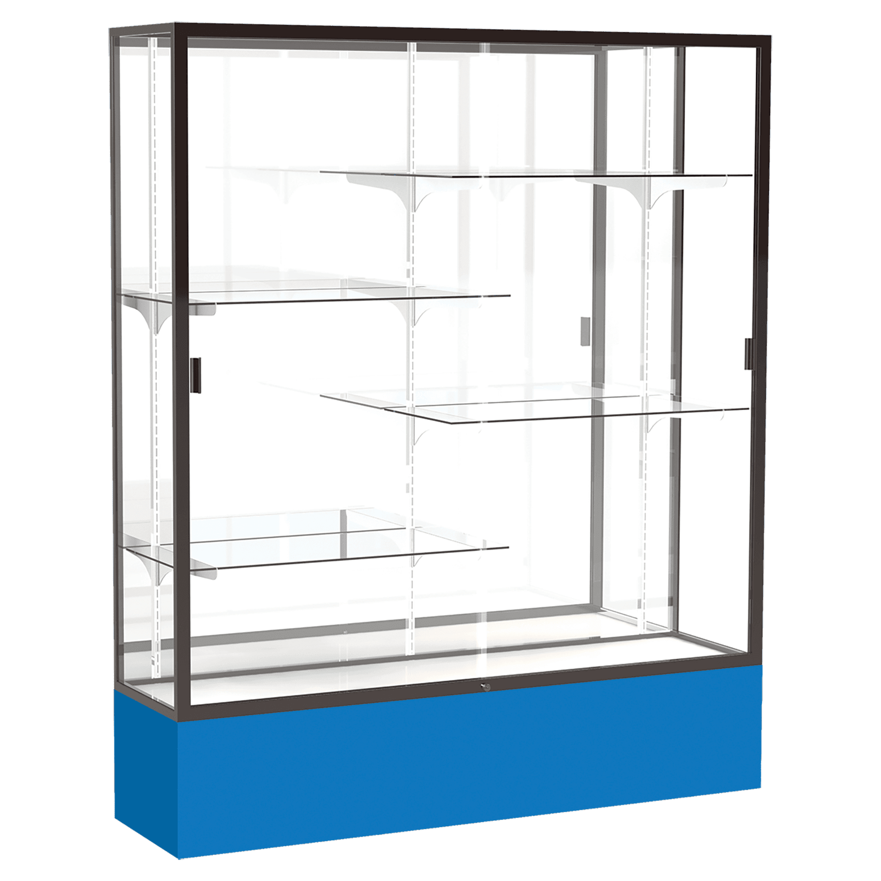 72"H x 60"W x 16"D Royal Blue Laminate Finish, Mirror Back, Bronze Aluminum Frame, Spirit Display Case