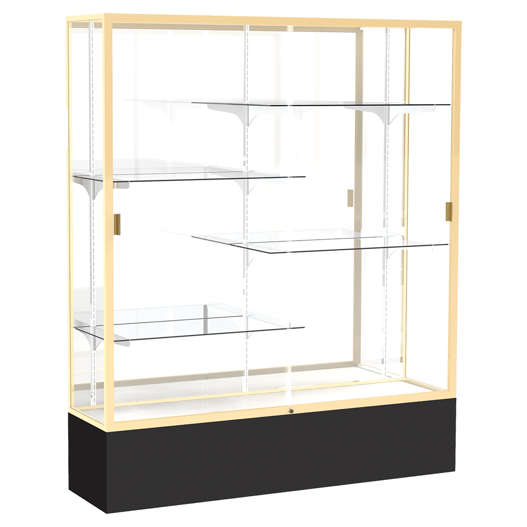 72"H x 60"W x 16"D Black Laminate Finish, Mirror Back, Champagne Aluminum Frame, Spirit Display Case
