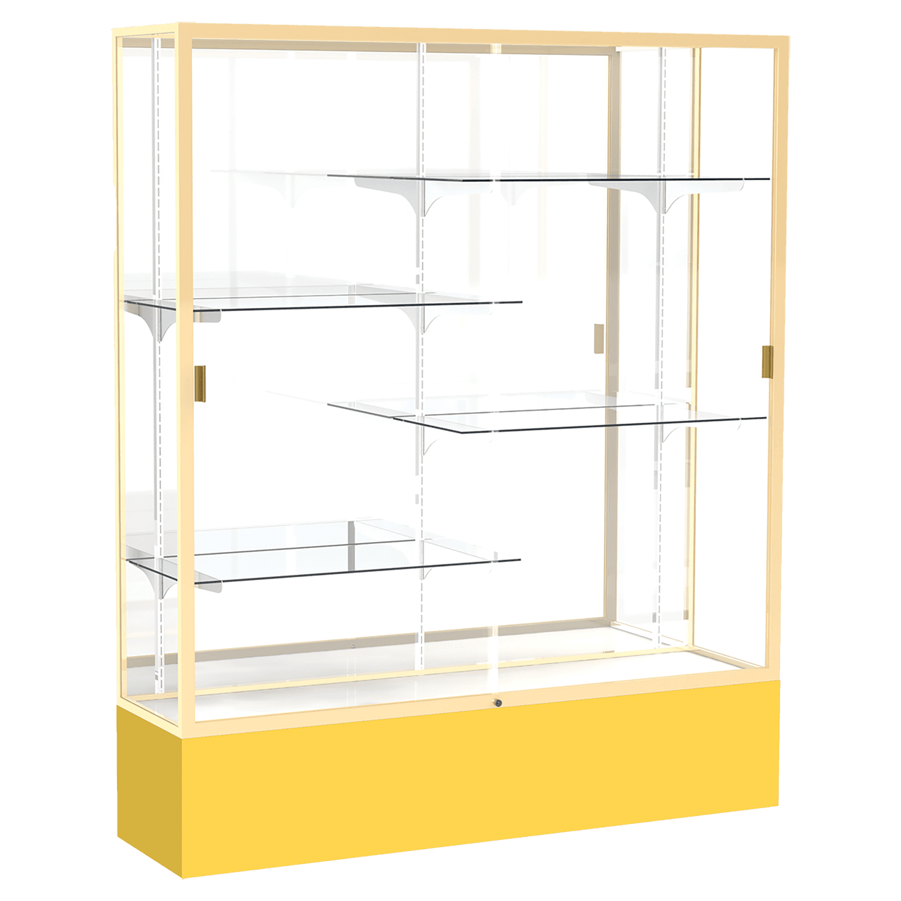 72"H x 60"W x 16"D Goldenrod Laminate Finish, Mirror Back, Champagne Aluminum Frame, Spirit Display Case