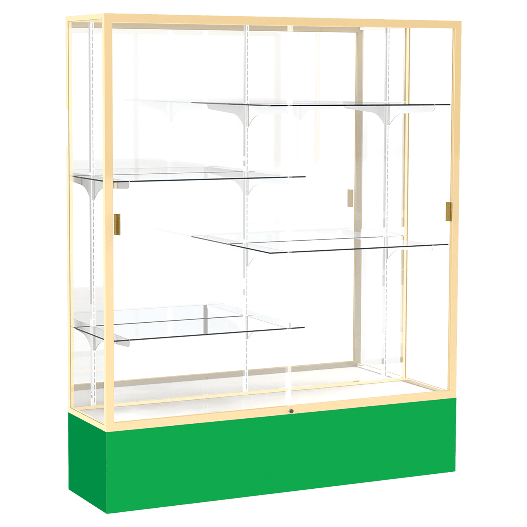 72"H x 60"W x 16"D Kelly Green Laminate Finish, Mirror Back, Champagne Aluminum Frame, Spirit Display Case