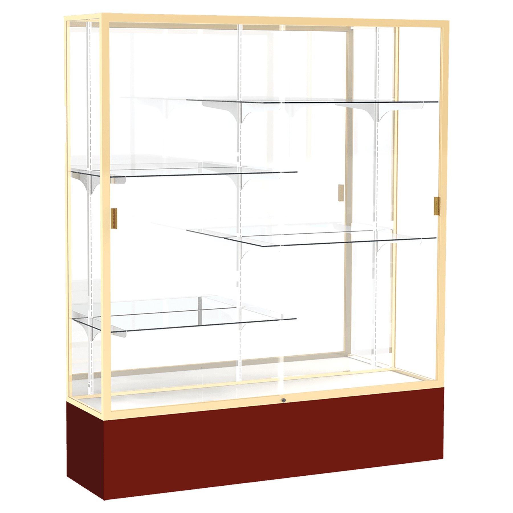 72"H x 60"W x 16"D Maroon Laminate Finish, Mirror Back, Champagne Aluminum Frame, Spirit Display Case
