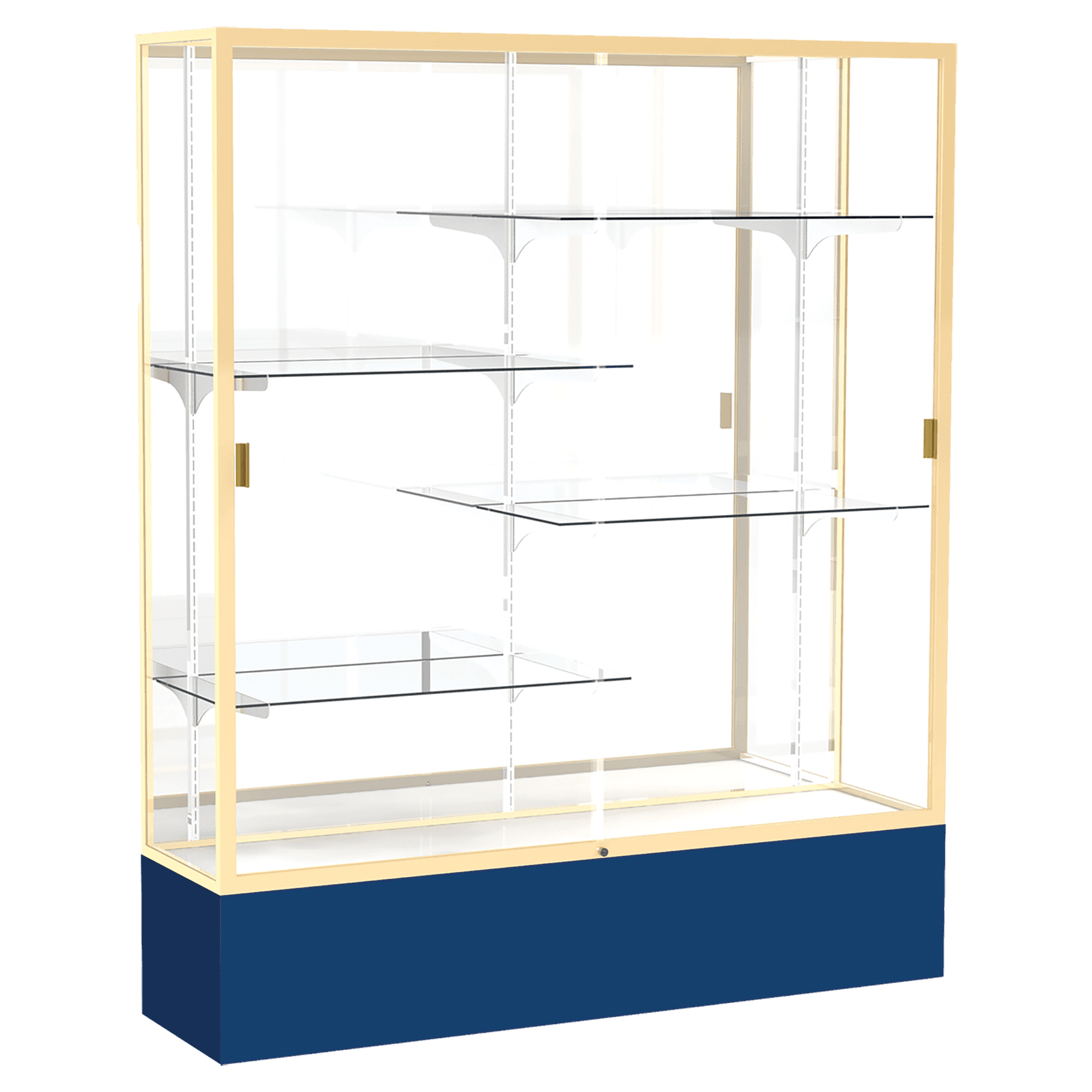 72"H x 60"W x 16"D Navy Laminate Finish, Mirror Back, Champagne Aluminum Frame, Spirit Display Case